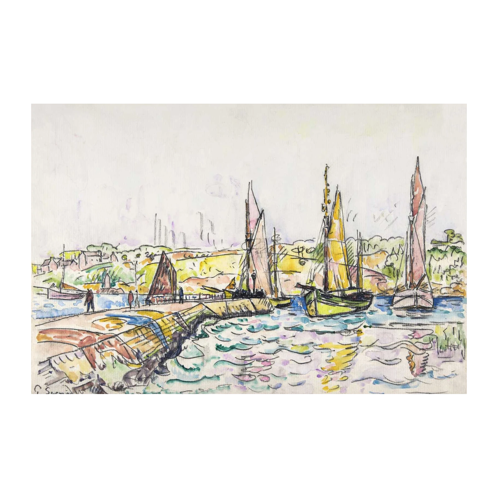 Vibrant Harbor Sailboats Sketch Wall Art
