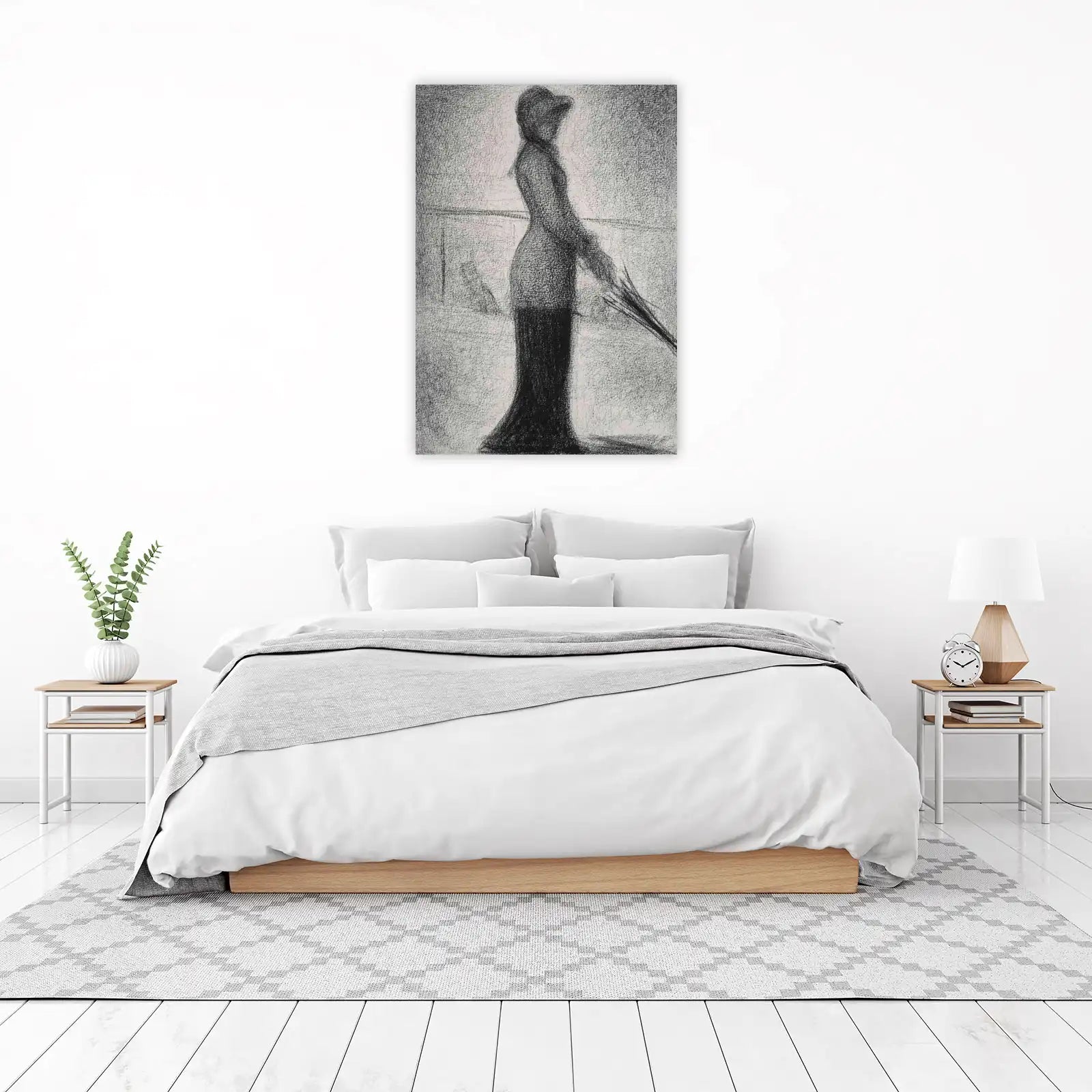 Elegant Lady with Umbrella Charcoal Sketch Wall Art