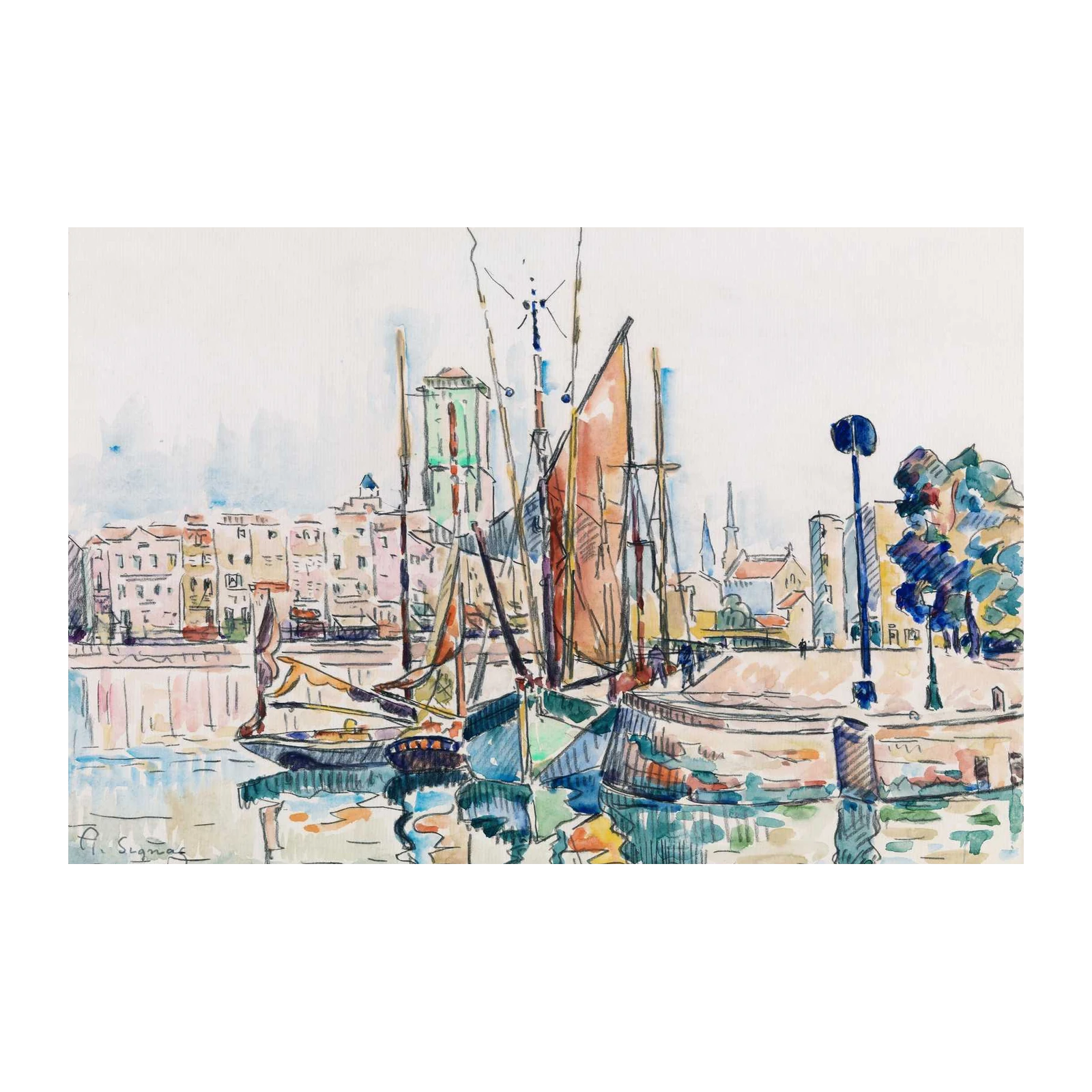 Seaside Harbor Boats Watercolor Wall Art