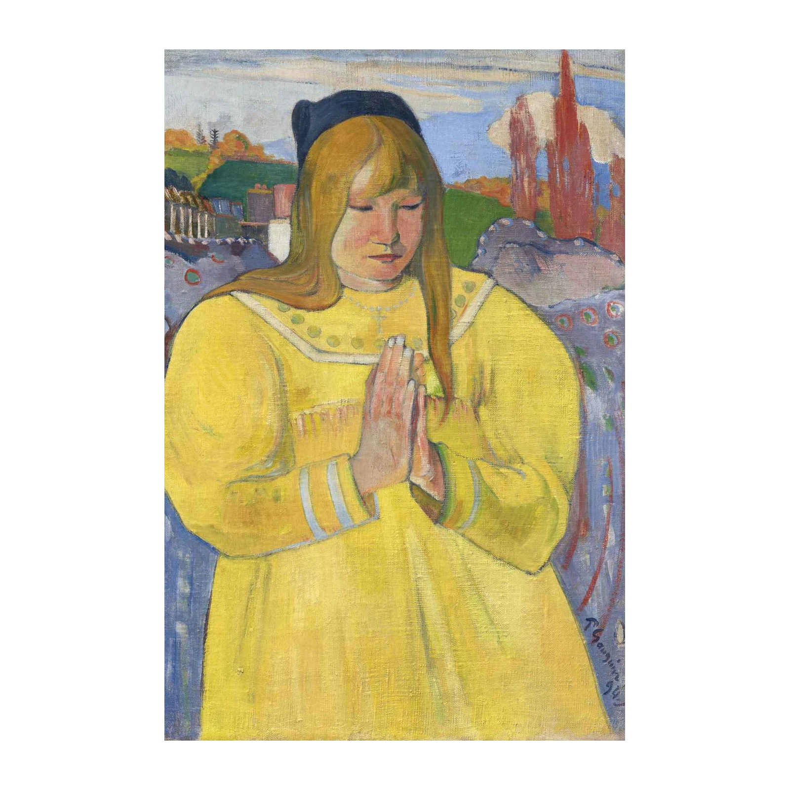 Vibrant Yellow Praying Girl Post-Impressionist Wall Art