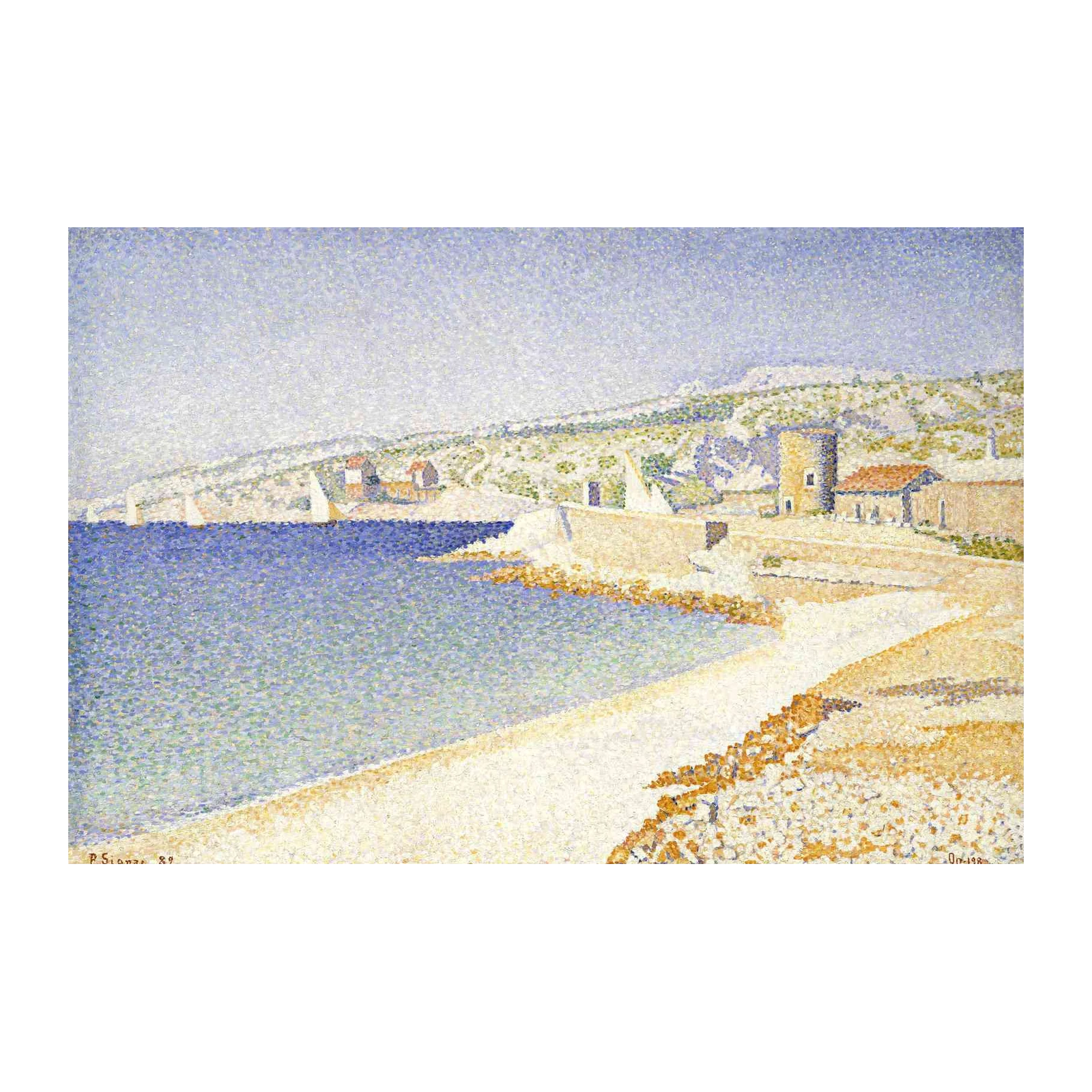 Serene Harbor Landscape Pointillism Wall Art