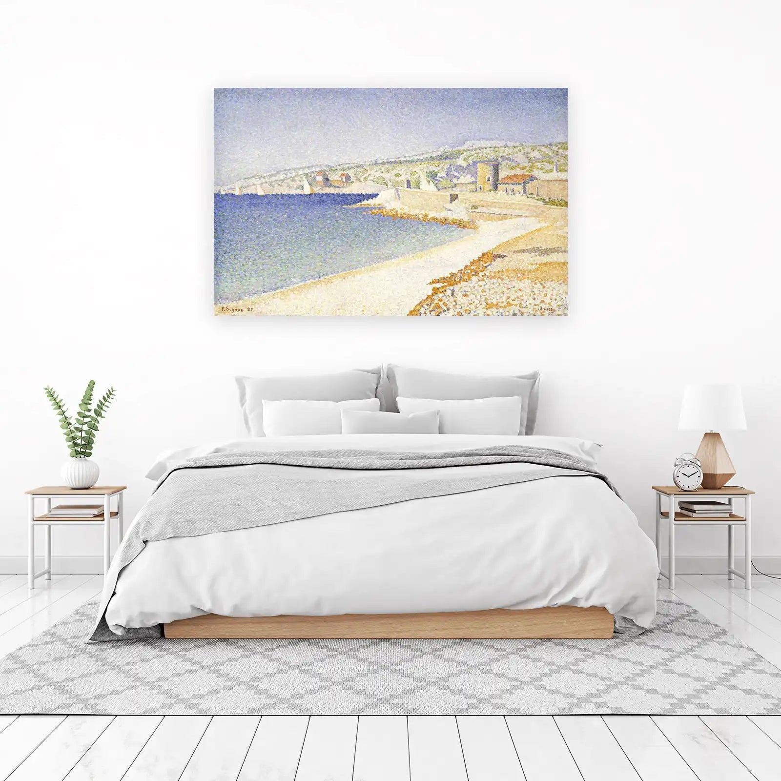 Serene Harbor Landscape Pointillism Wall Art