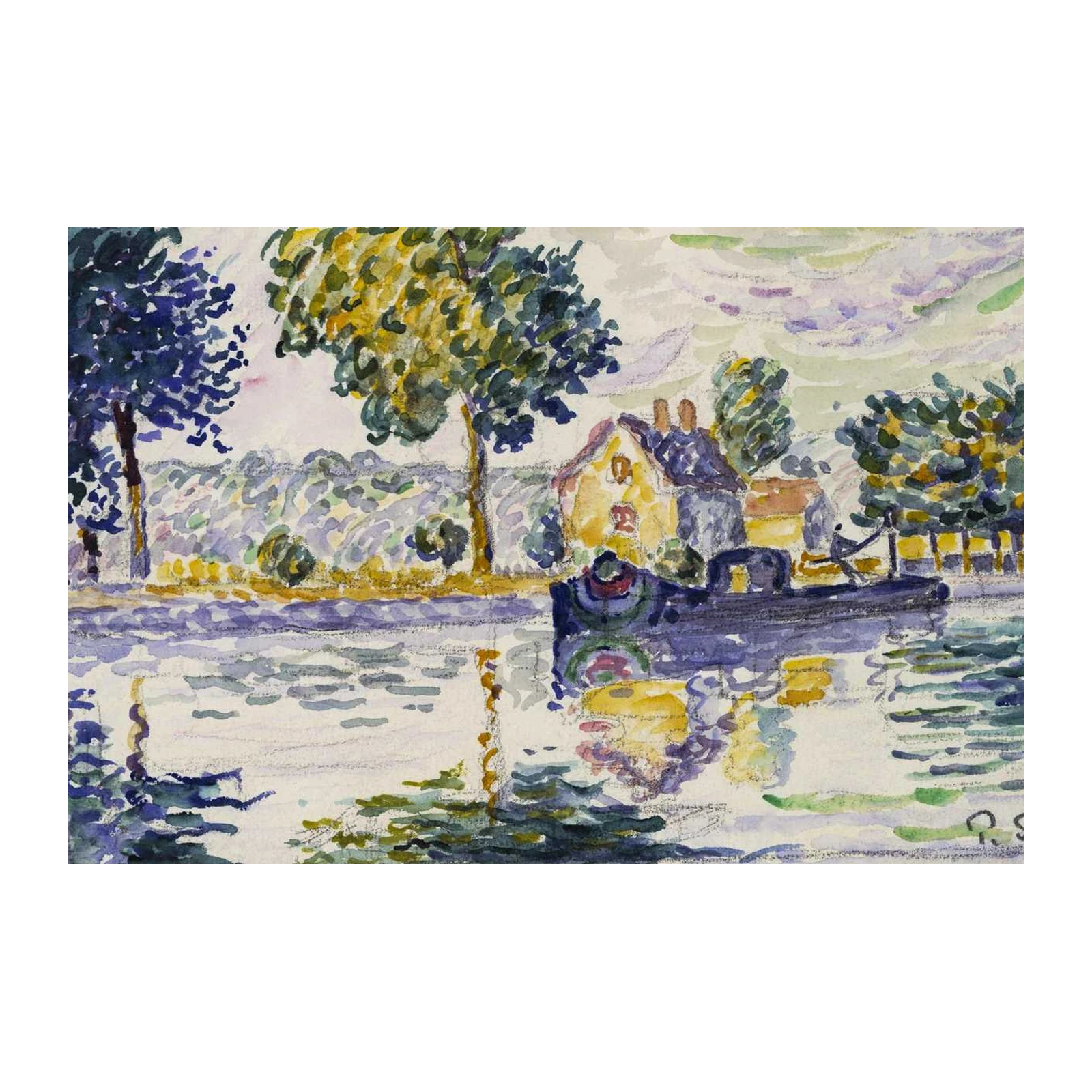 Impressionist River Scene with Boat Wall Art