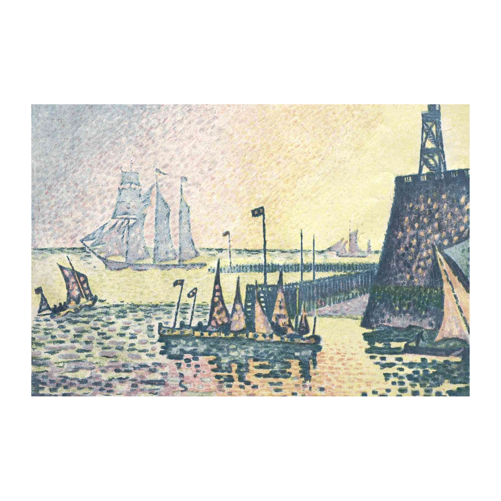 Seaport Harbor Sailboats Pointillist Wall Art