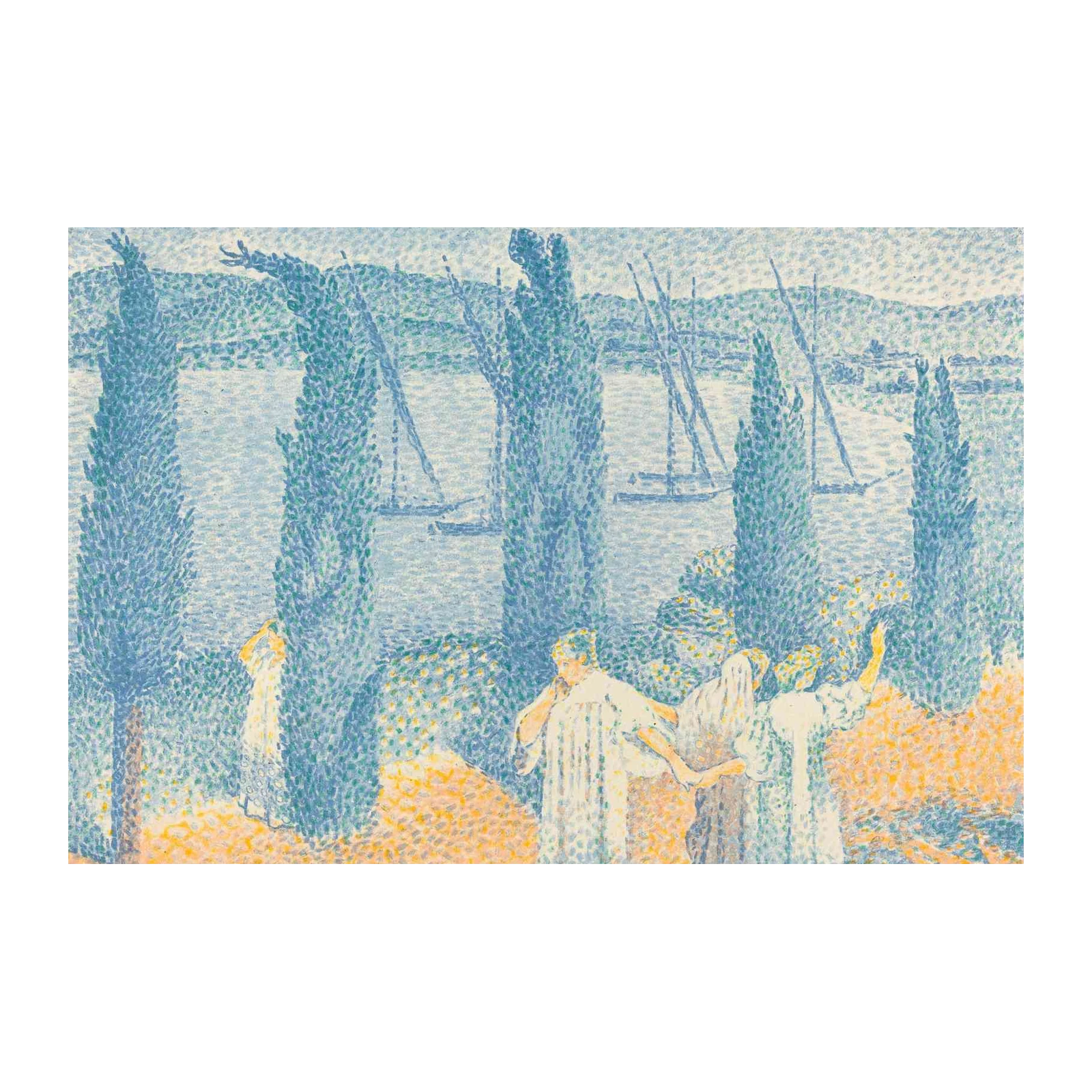 Serene Seaside Scene Pointillist Wall Art