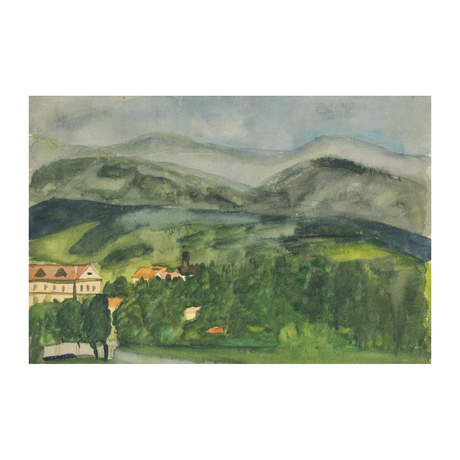 Serene Mountain Village Watercolor Wall Art
