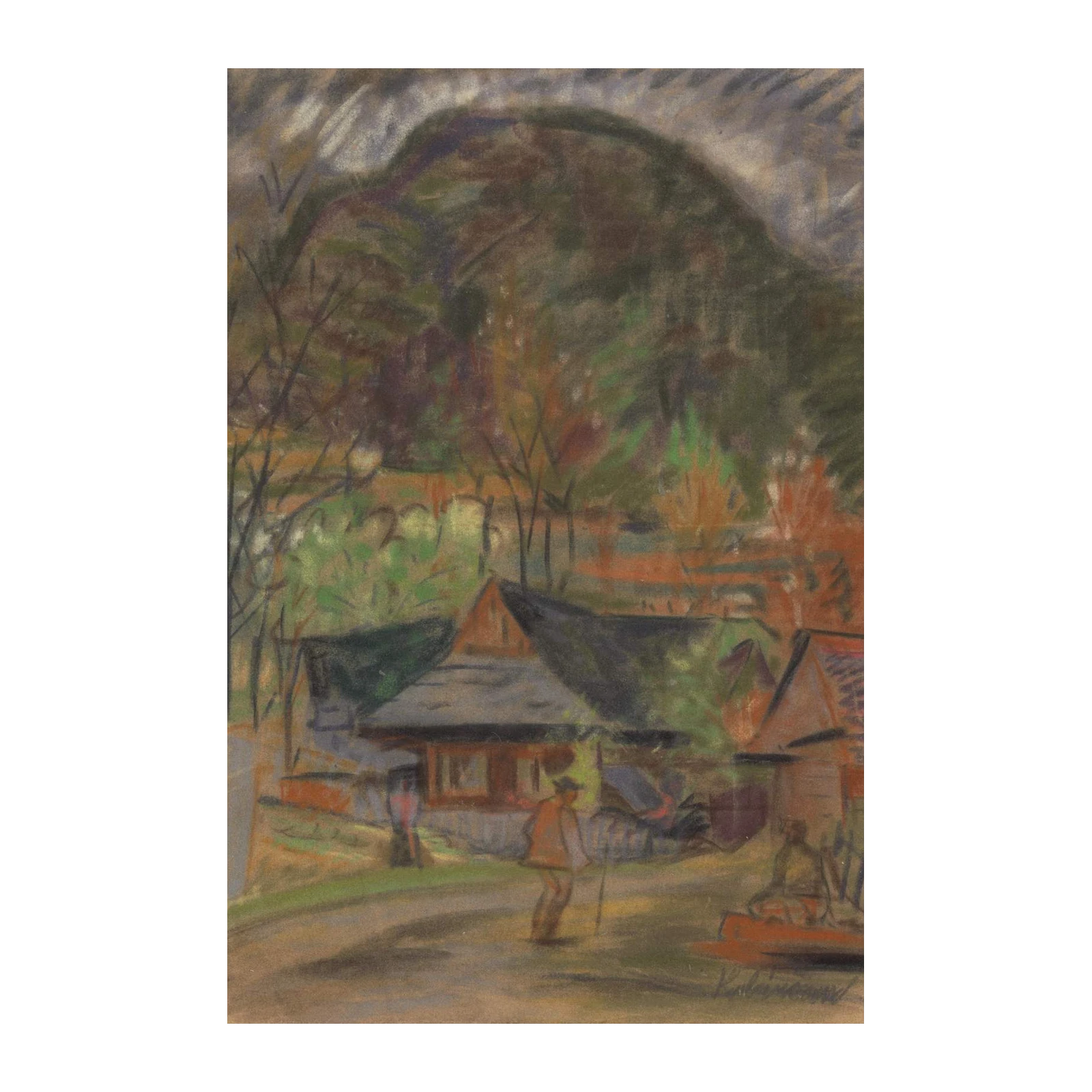 Rustic Village Landscape Pastel Wall Art