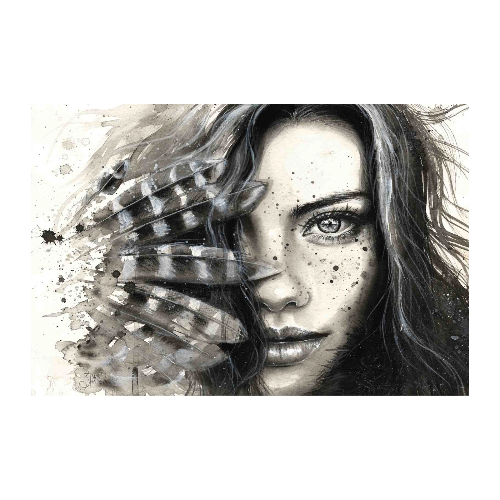 Mysterious Woman Feather Portrait Wall Art