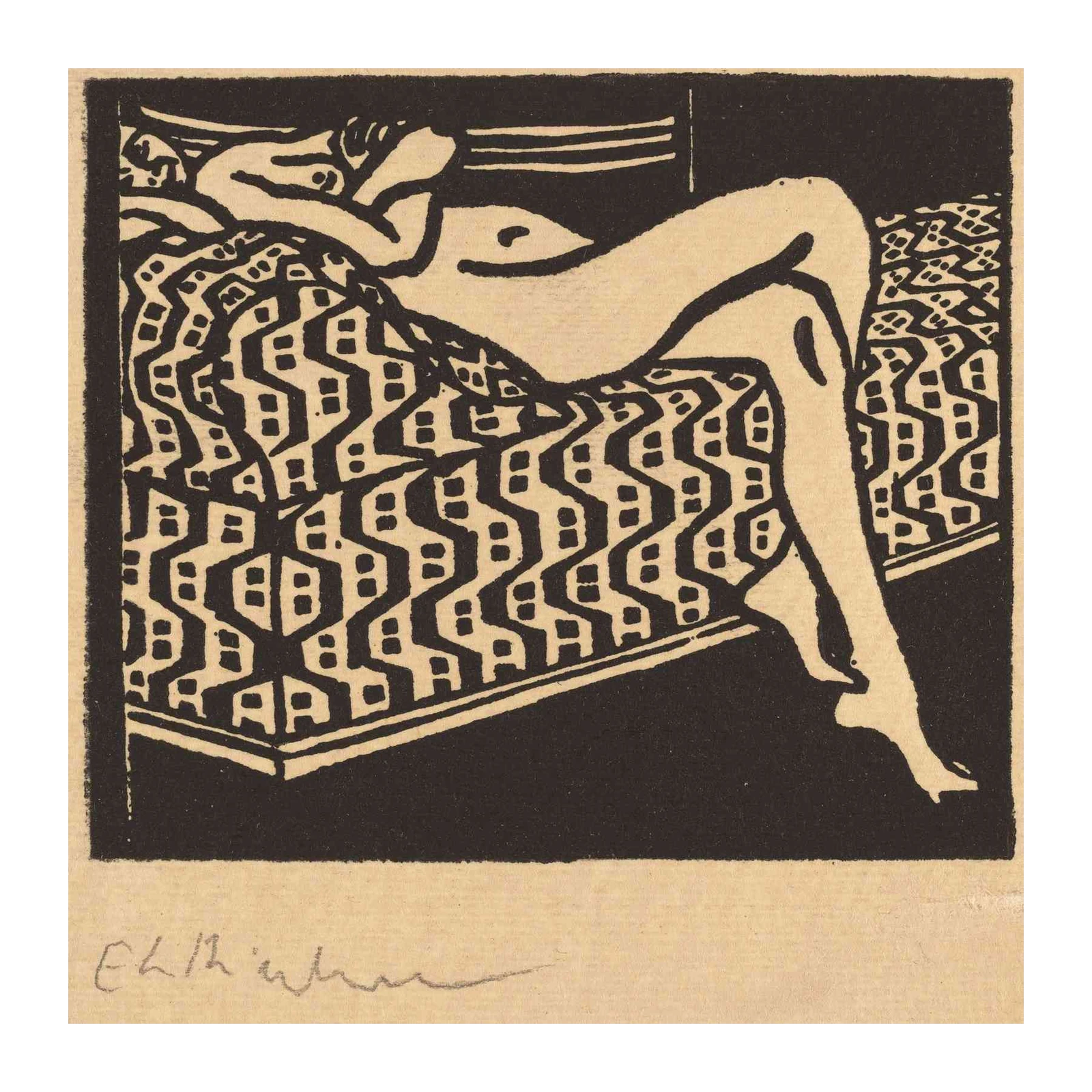 Art Deco Nude Woman on Patterned Bed Wall Art