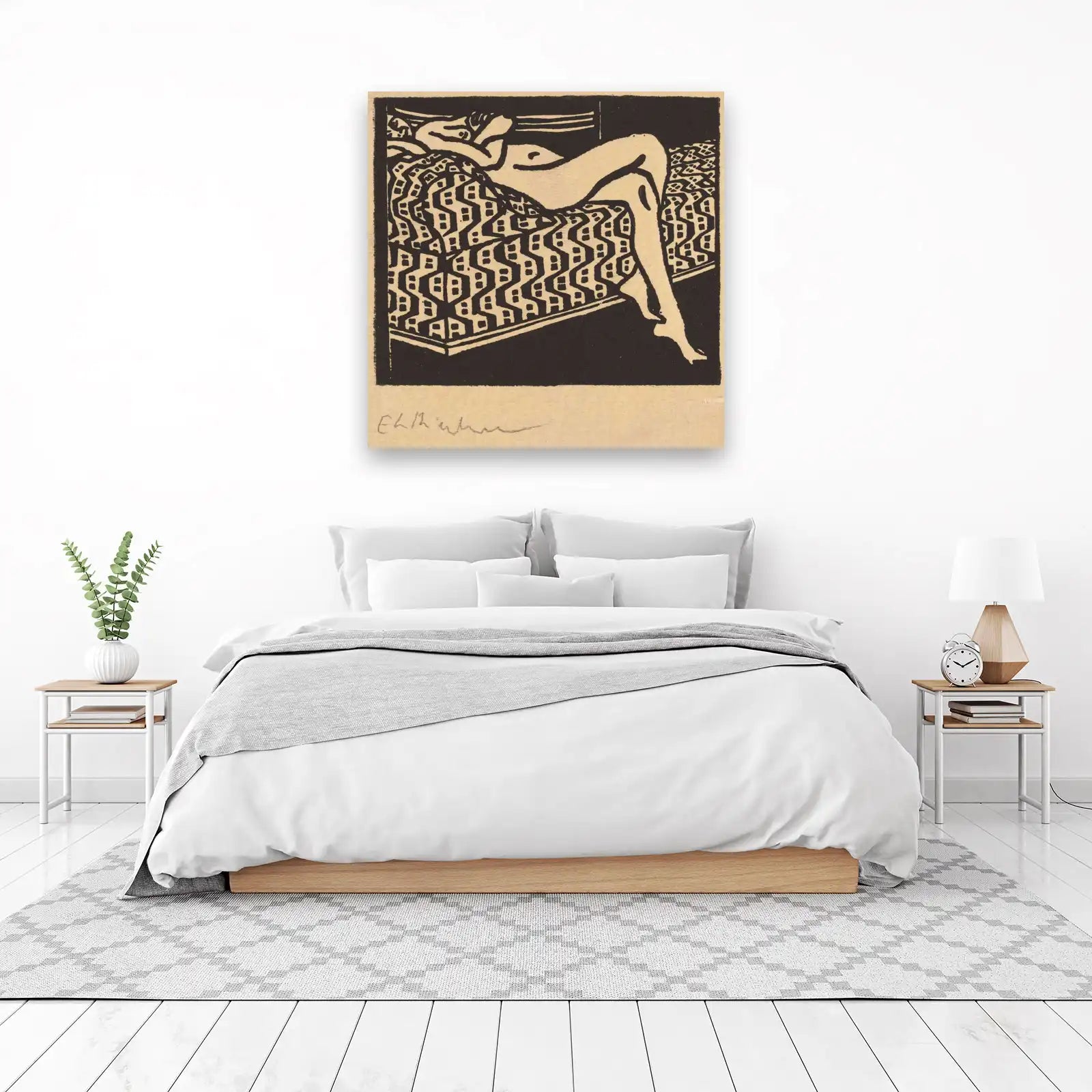 Art Deco Nude Woman on Patterned Bed Wall Art