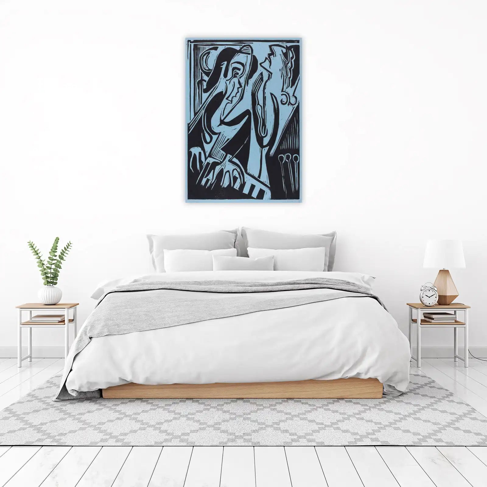 Abstract Figures Blue & Black Woodcut Wall Art