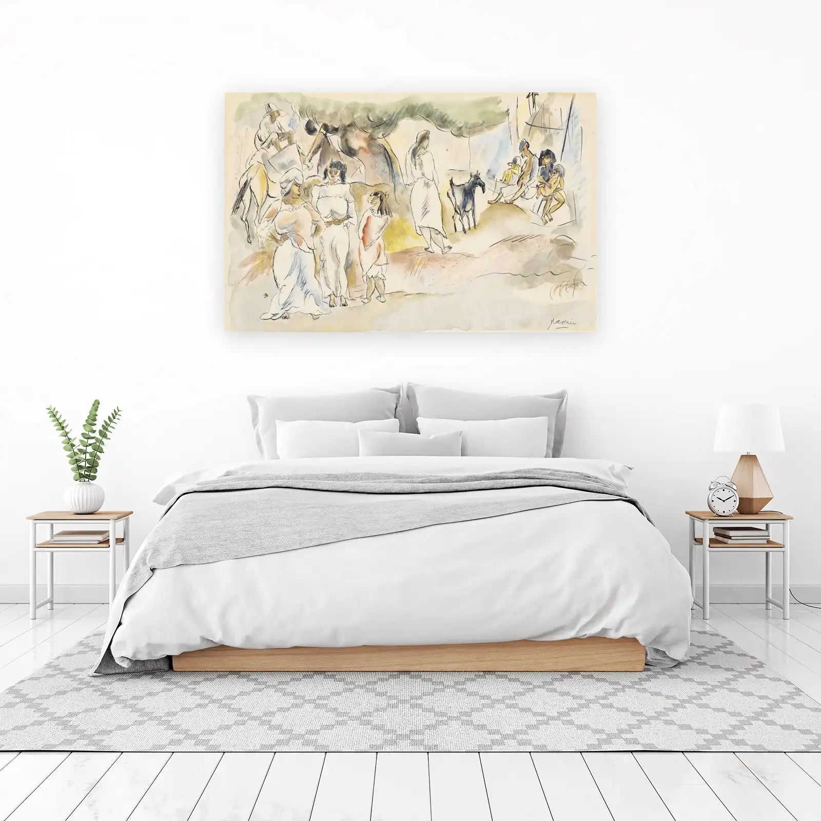 Vibrant Folk Scene Watercolor Wall Art