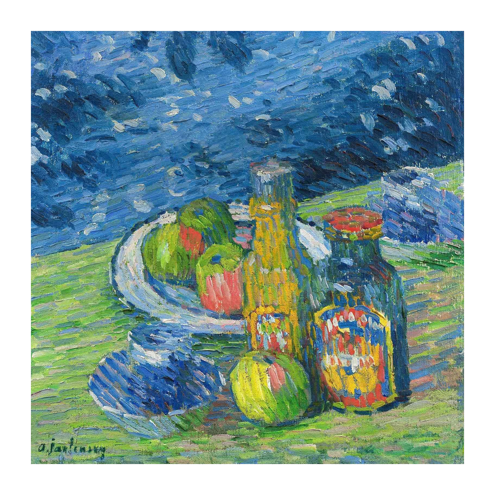 Vibrant Still Life with Fruit and Bottles Wall Art