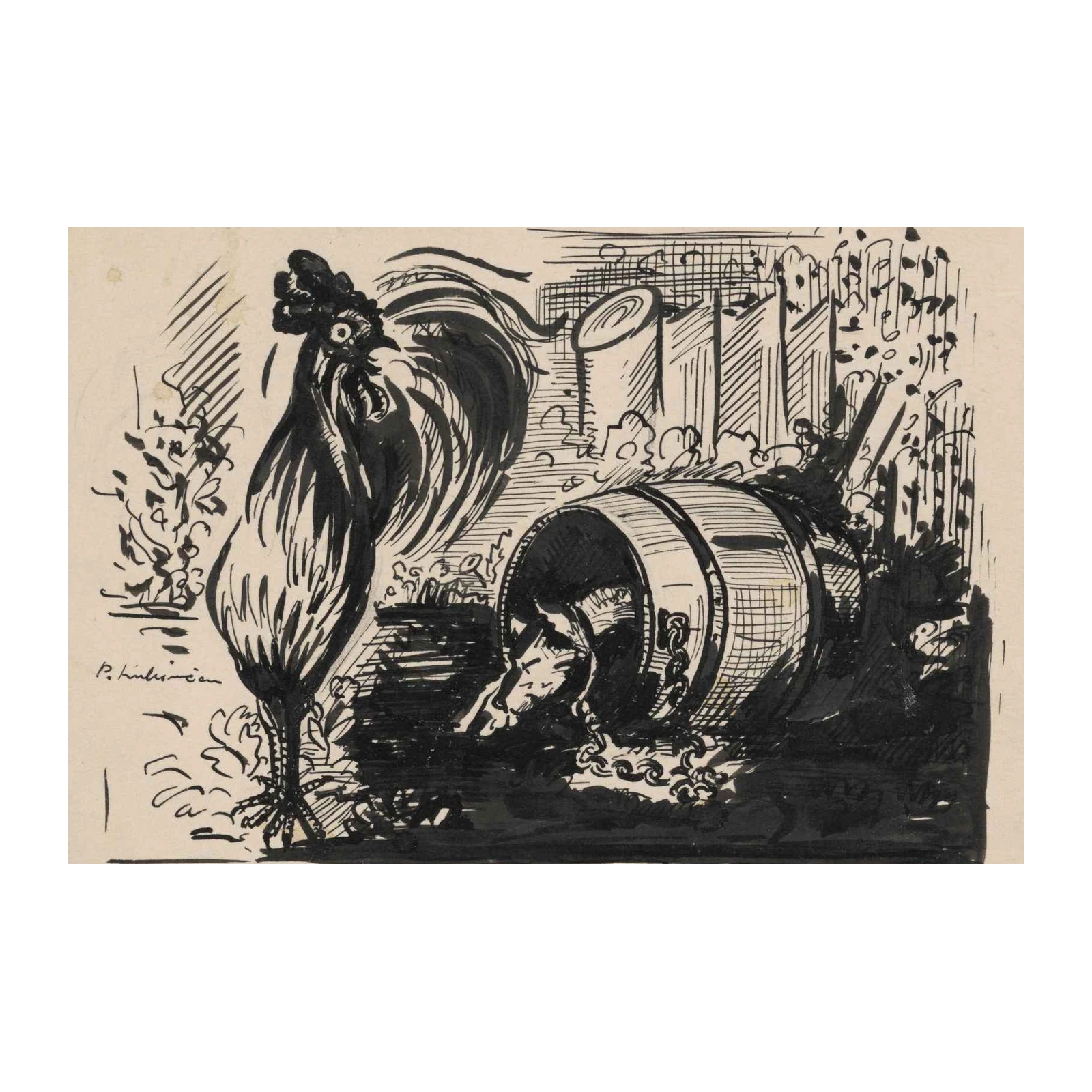 Whimsical Rooster and Barrel Ink Sketch Wall Art