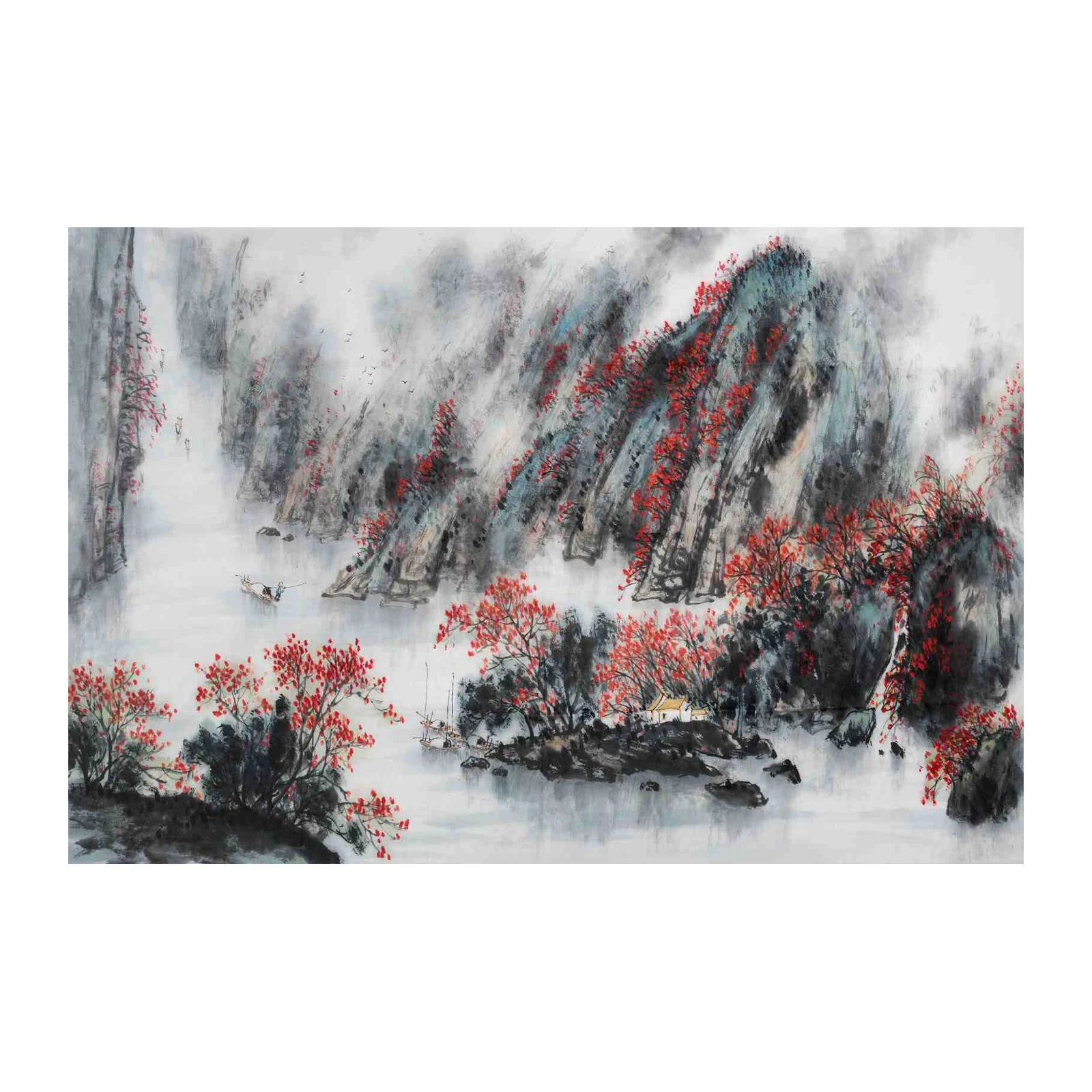 Misty Mountain Serenity Red Blossom Wall Art