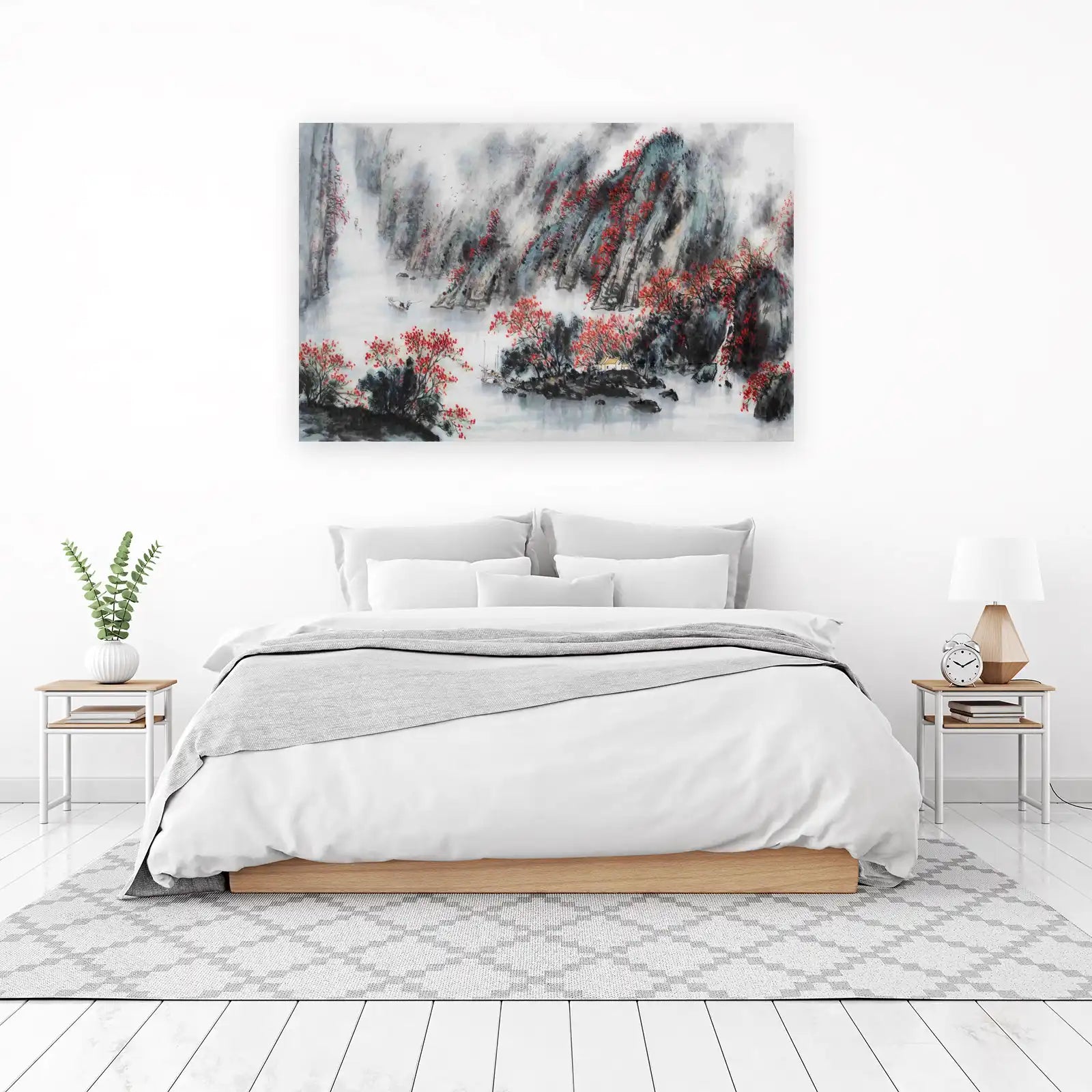 Misty Mountain Serenity Red Blossom Wall Art