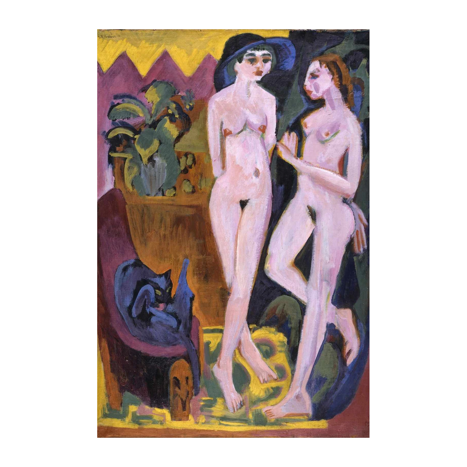 Expressionist Nudes with Cat Wall Art