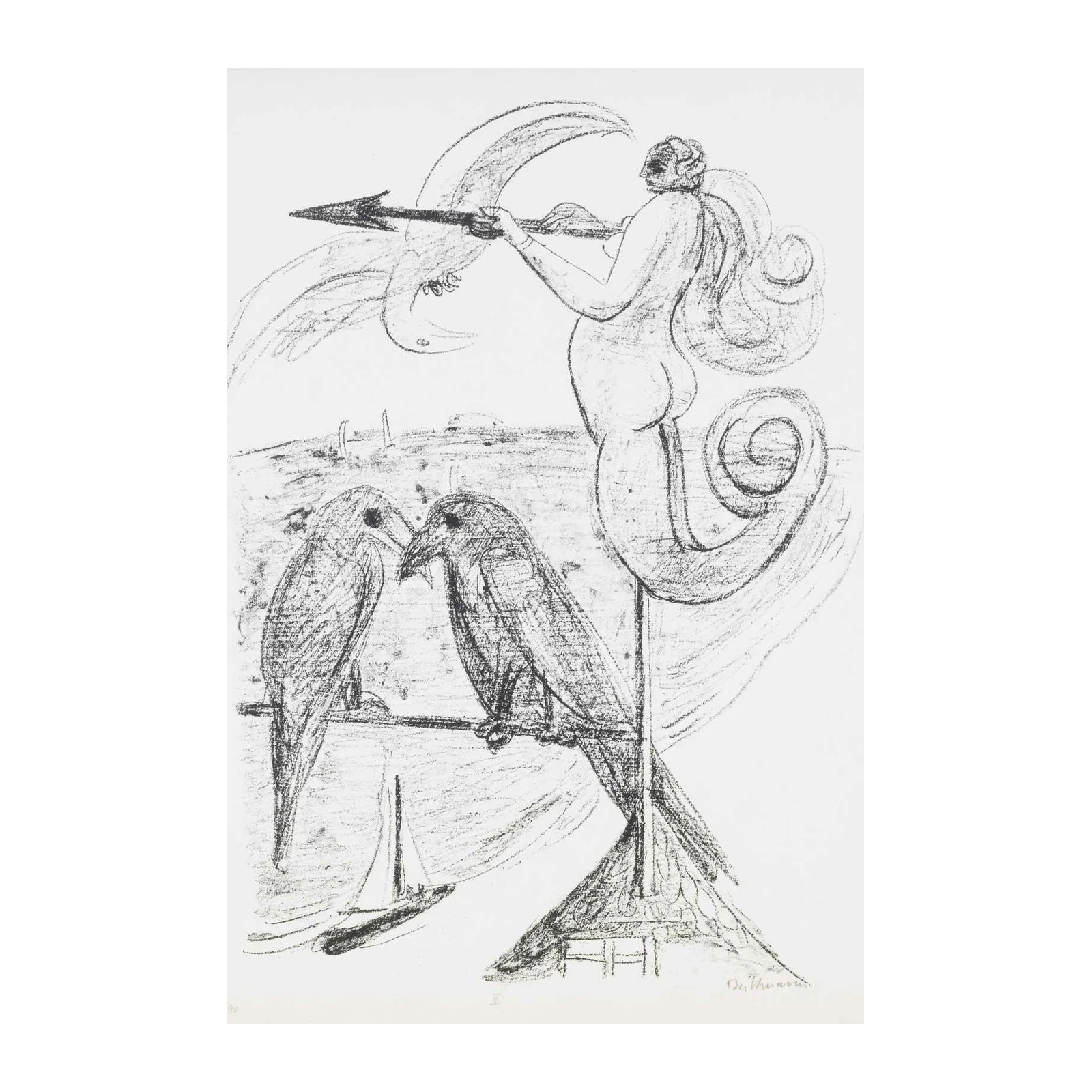 Mythical Archer & Birds Charcoal Wall Art