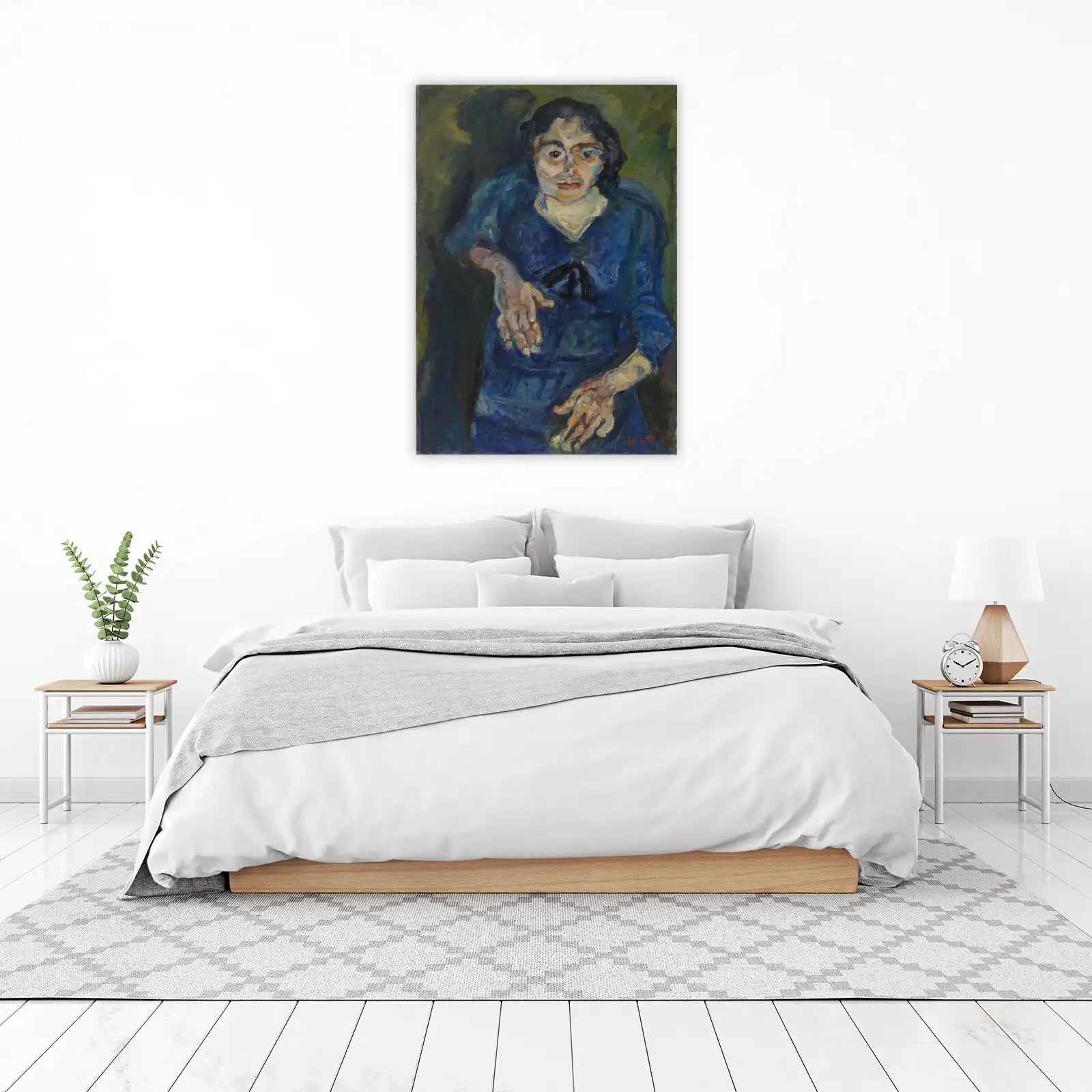 Expressive Portrait of Woman Blue Dress Wall Art