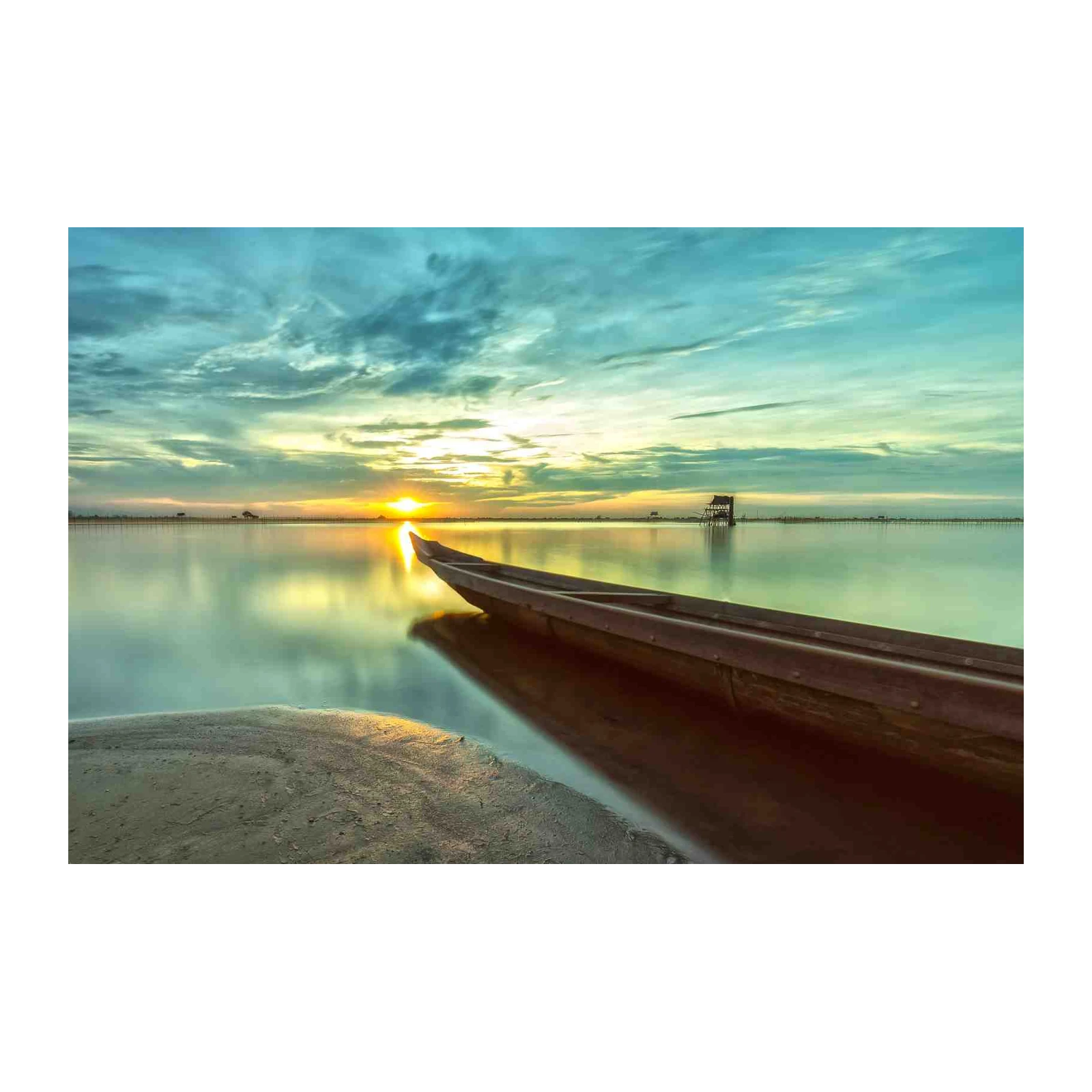 Serene Sunset Boat Landscape Wall Art