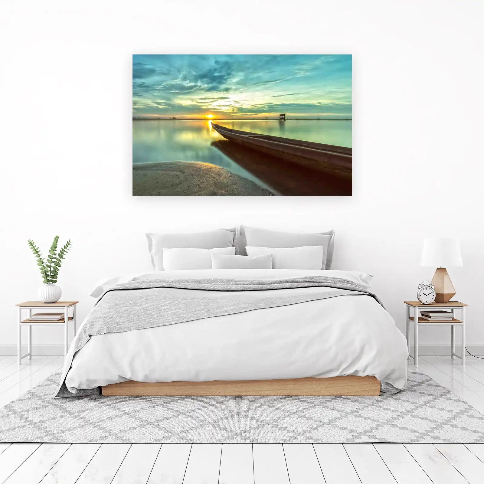 Serene Sunset Boat Landscape Wall Art