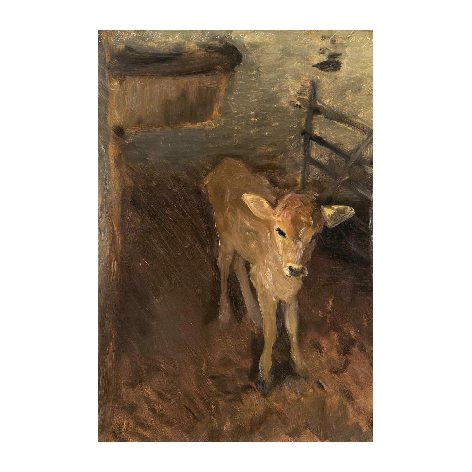 Serene Calf in Stable Oil Painting Wall Art