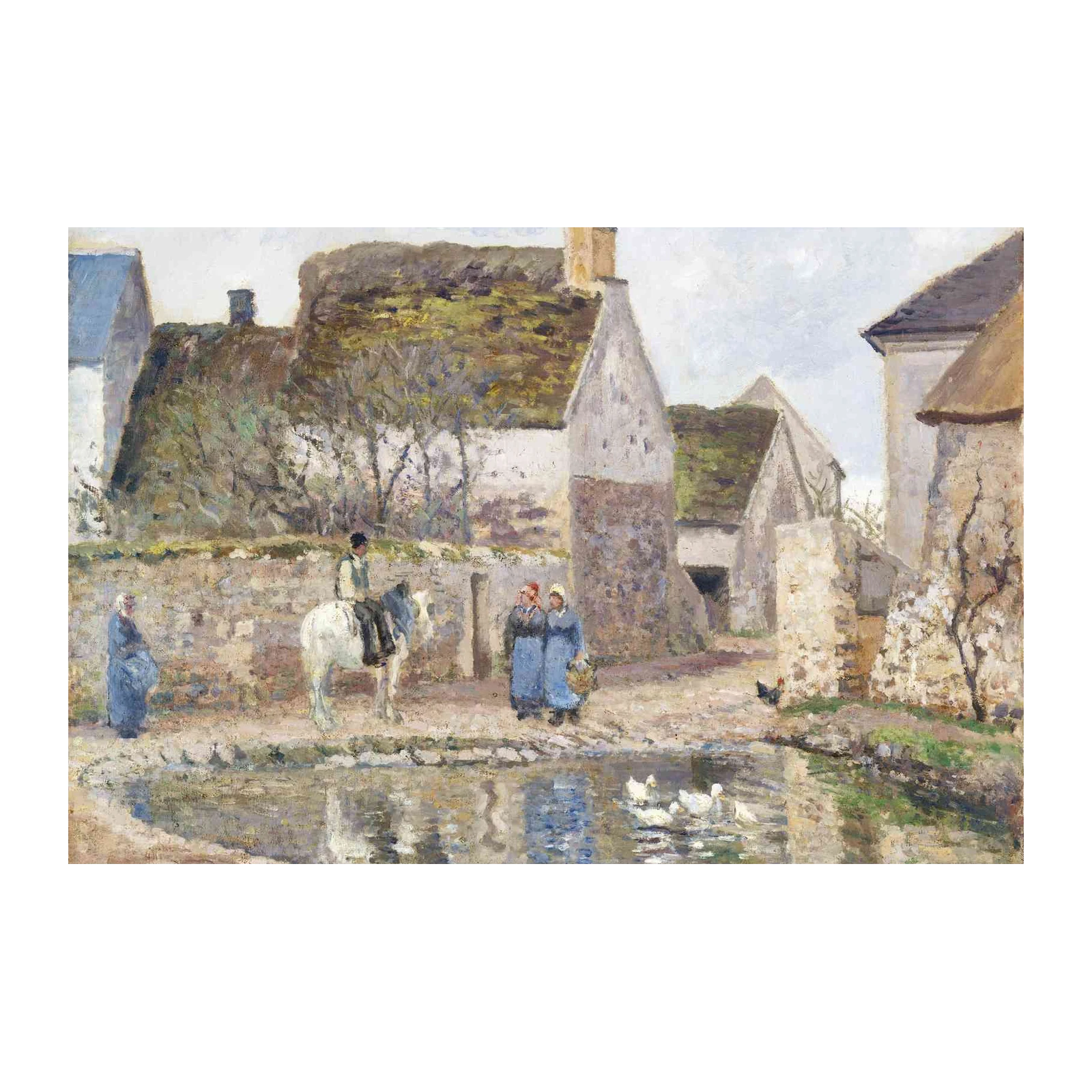 Impressionist Village Scene Horseback Duck Pond Wall Art