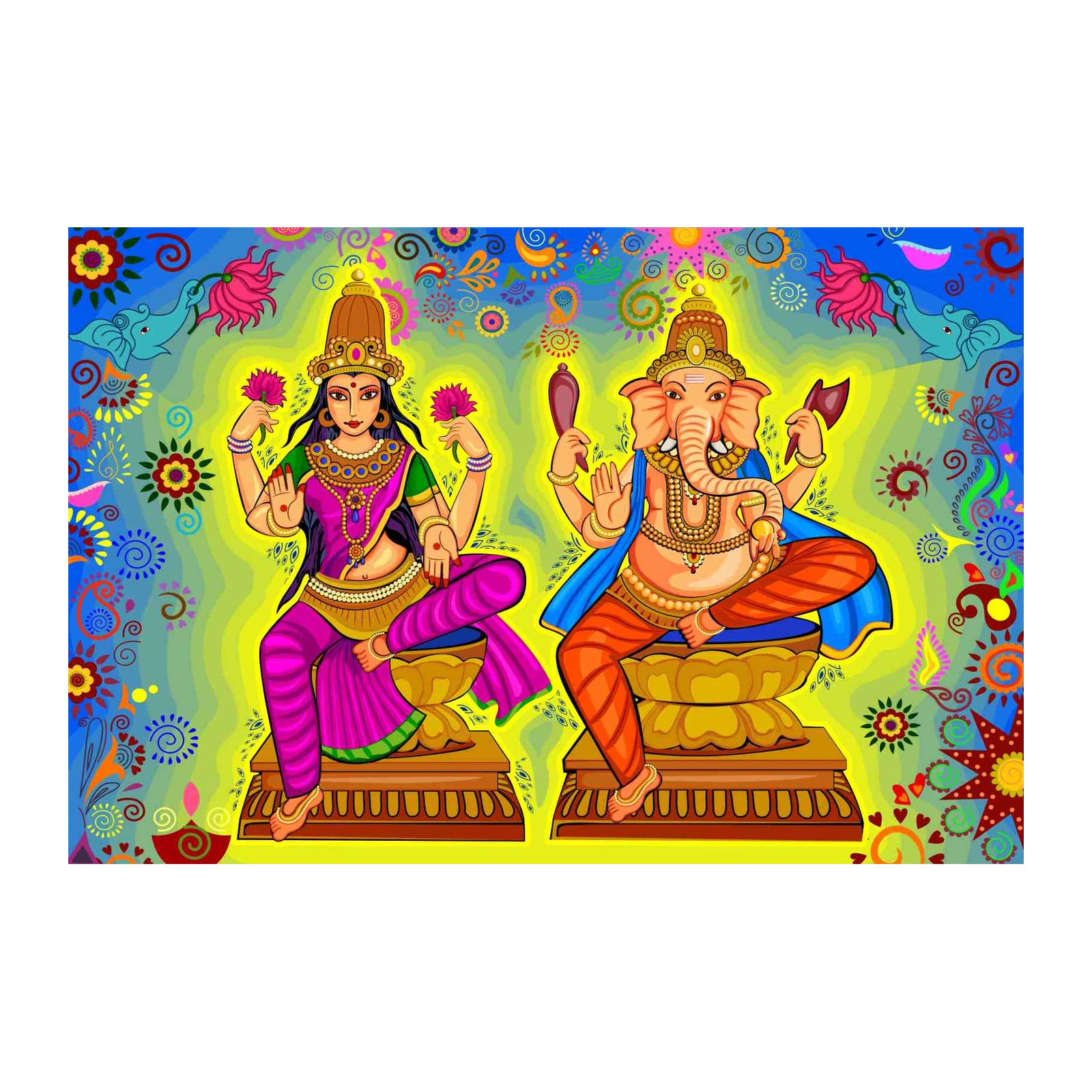 Goddess Lakshmi & Ganesha Vibrant Mandala Wall Art