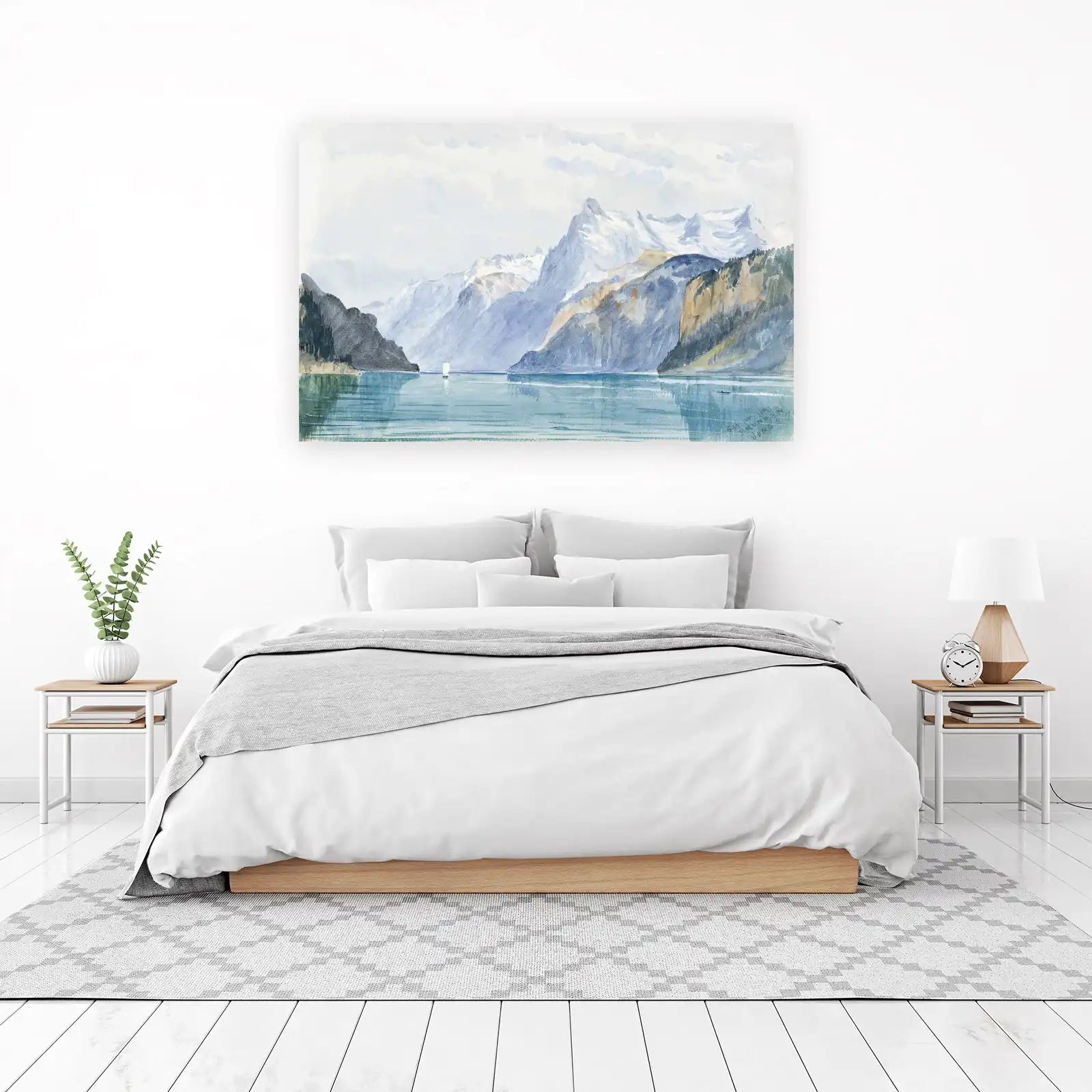 Serene Mountain Lake Watercolor Landscape Wall Art
