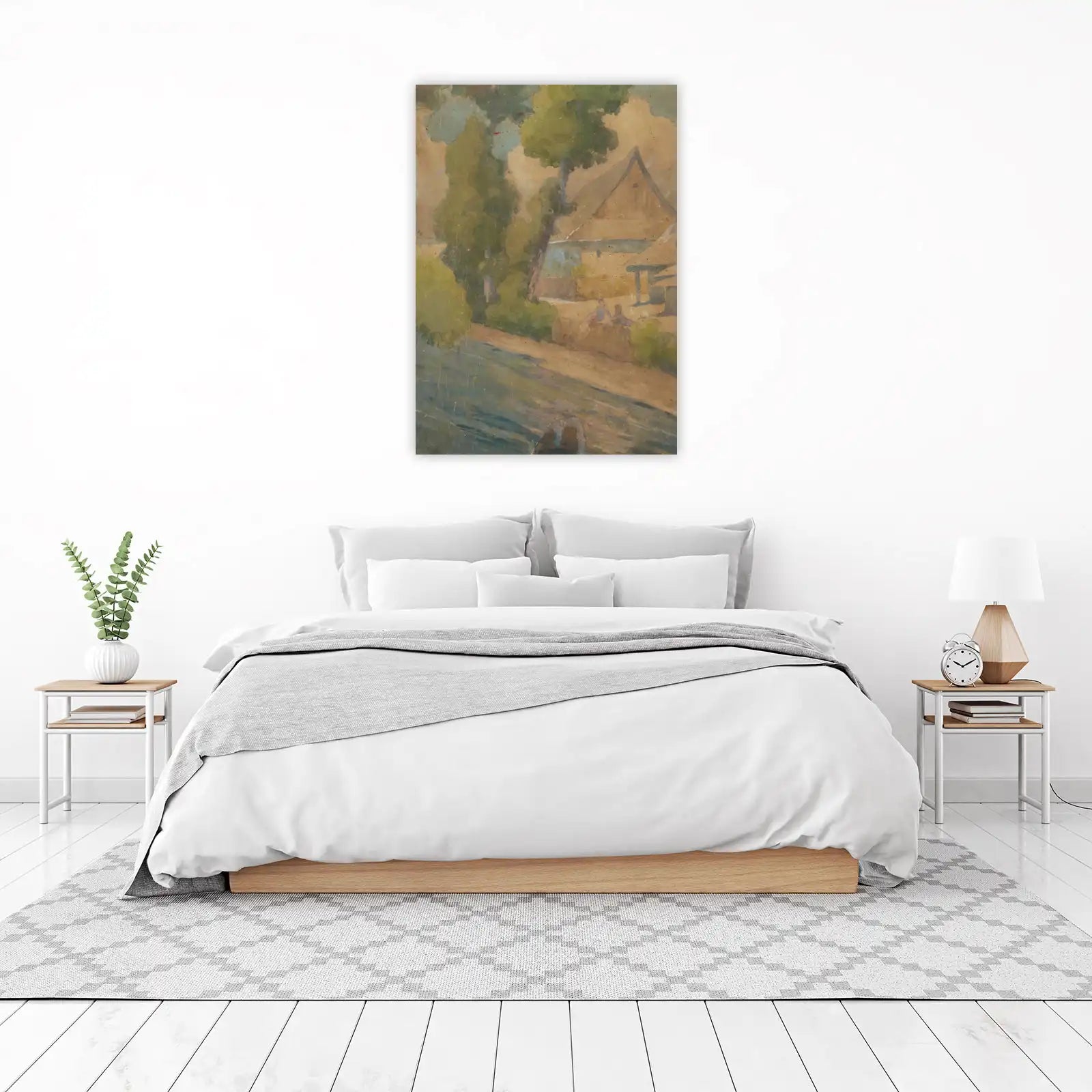 Serene Village Landscape Watercolor Wall Art