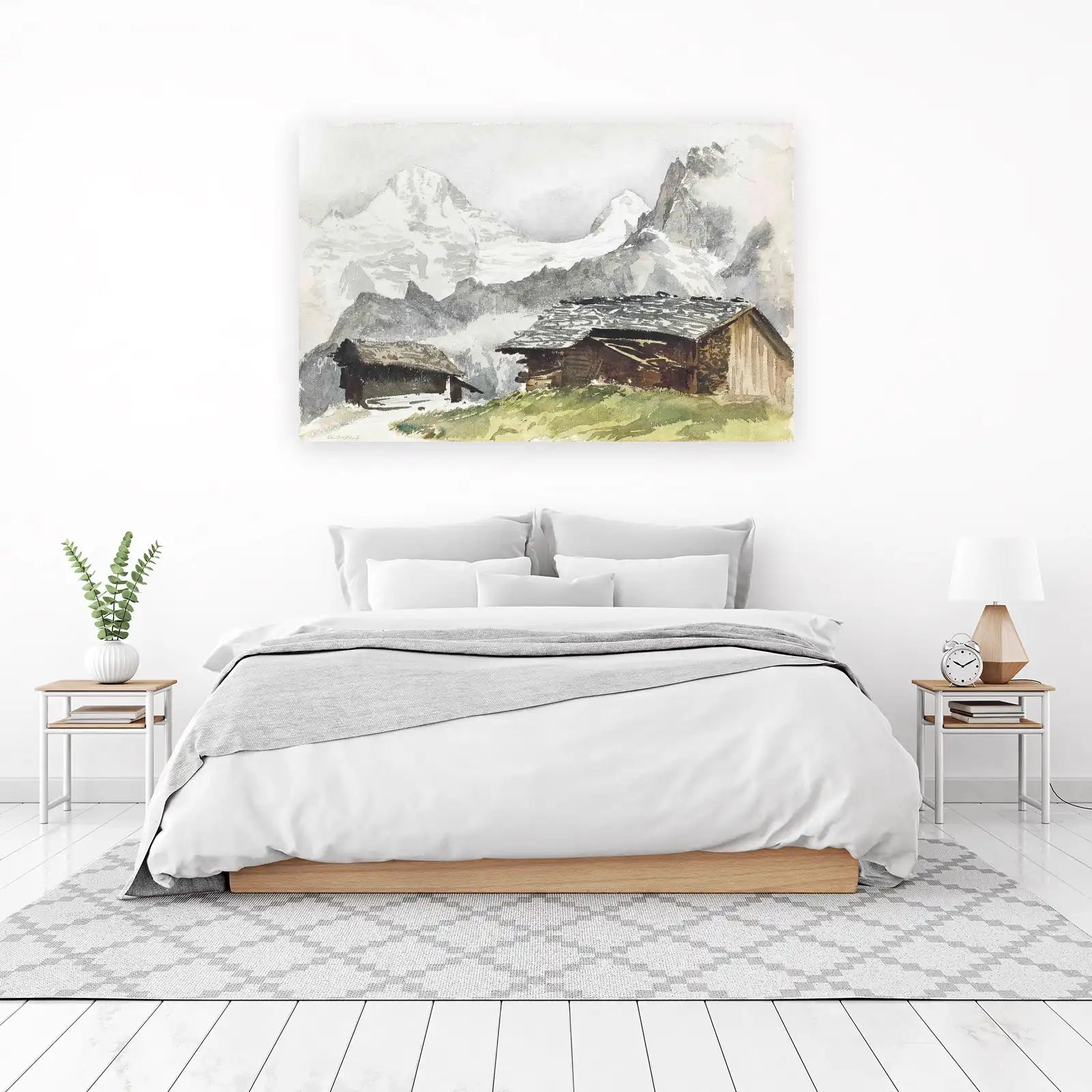 Serene Alpine Cabins Watercolor Wall Art