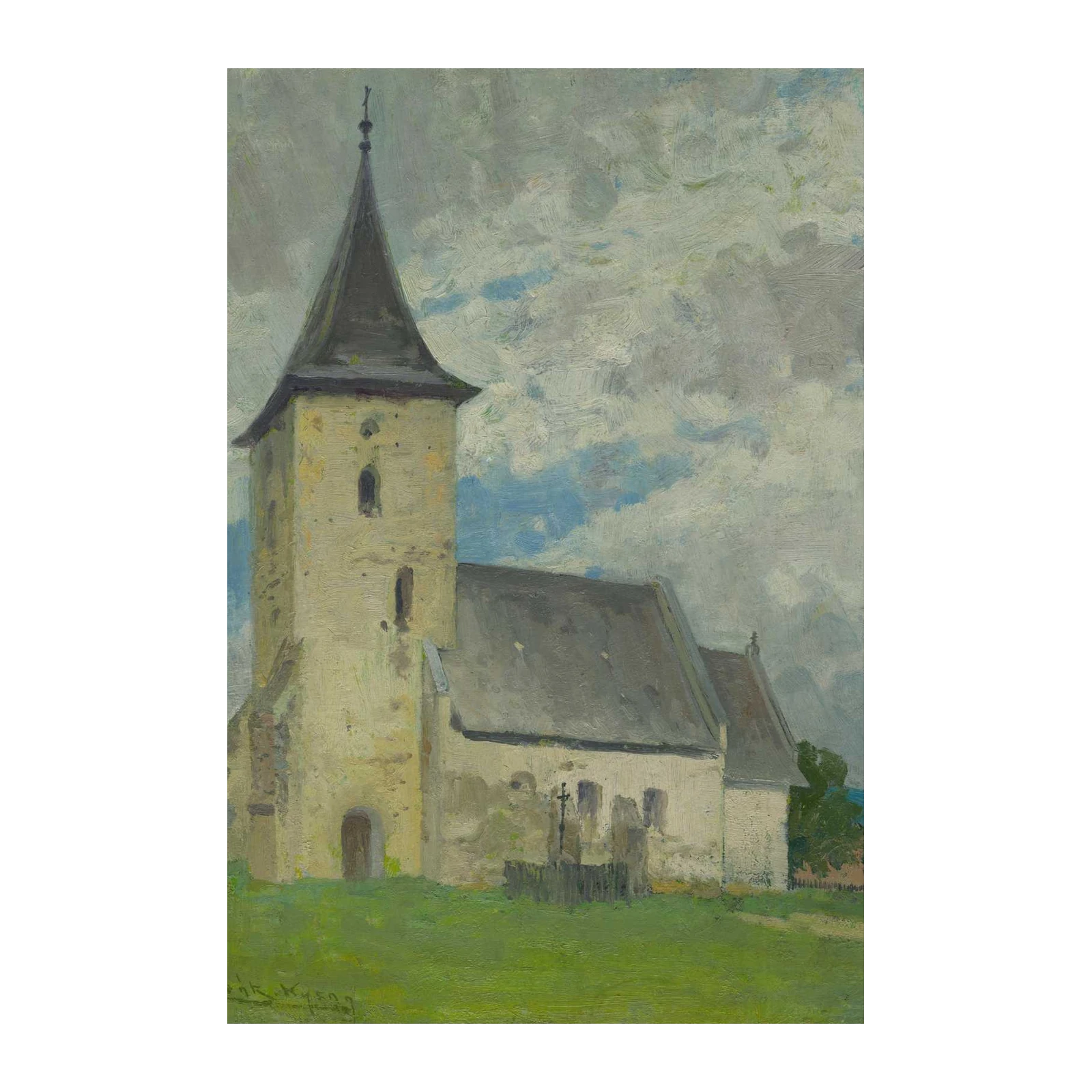 Vintage Church Landscape Oil Painting Wall Art