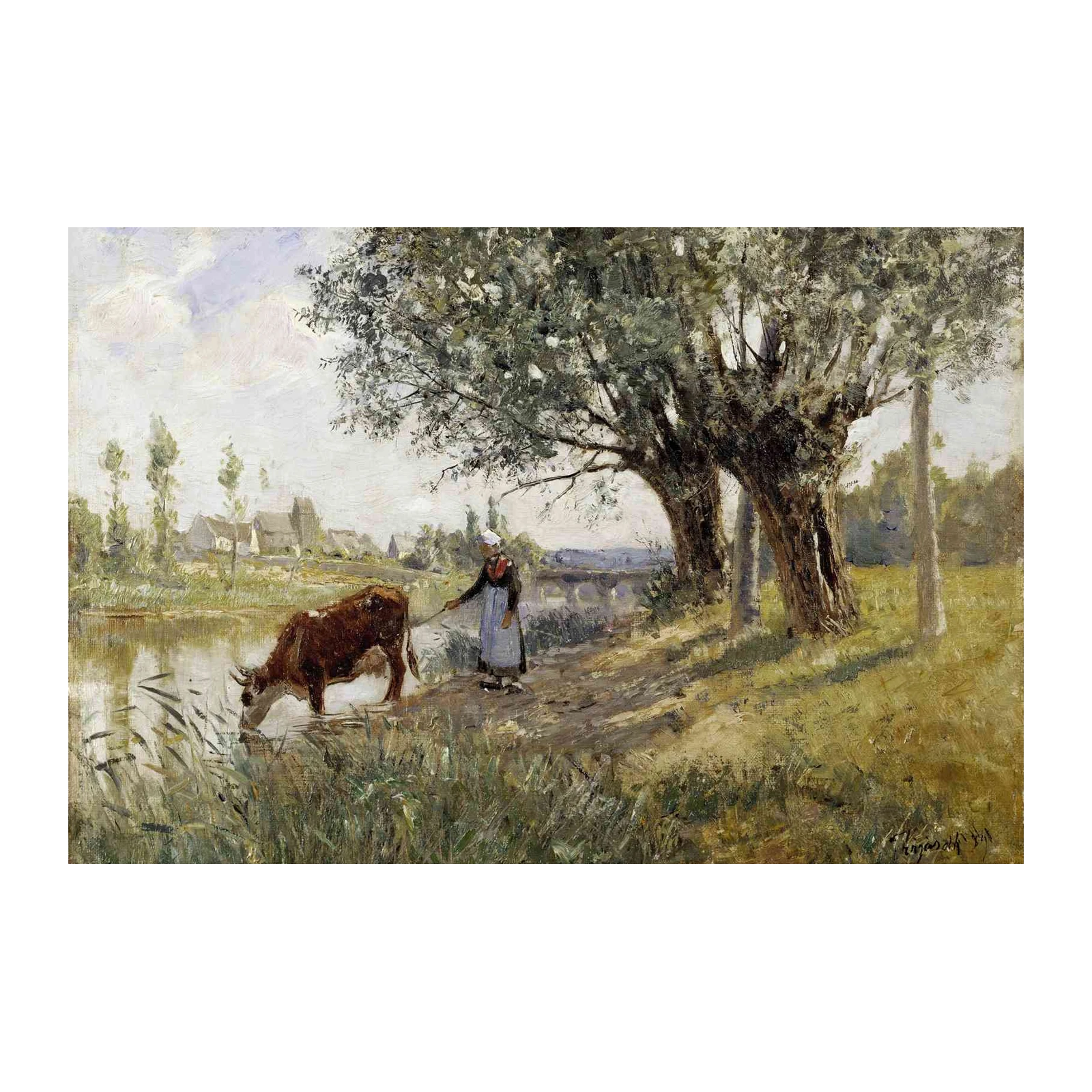 Serene Riverside Cow & Woman Landscape Wall Art