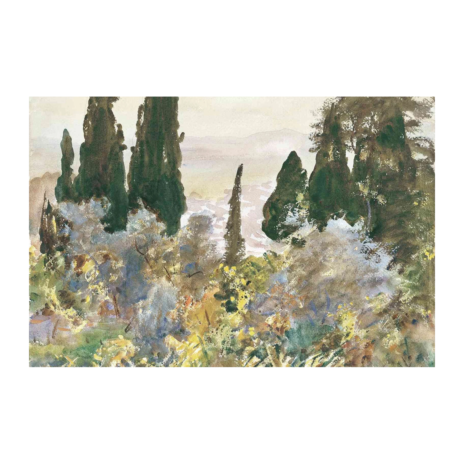 Serene Cypress Landscape Watercolor Wall Art