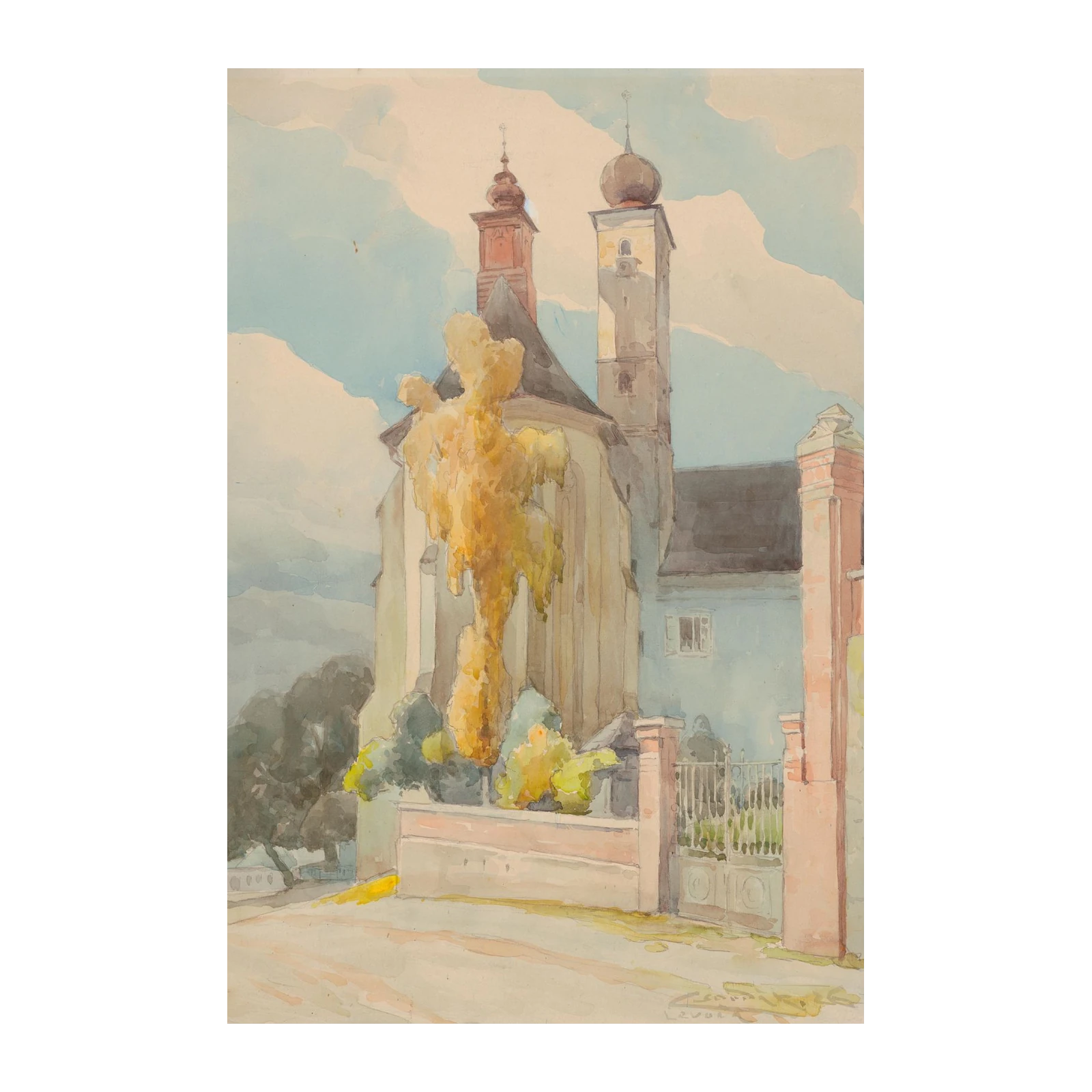 European Church Autumn Watercolor Wall Art