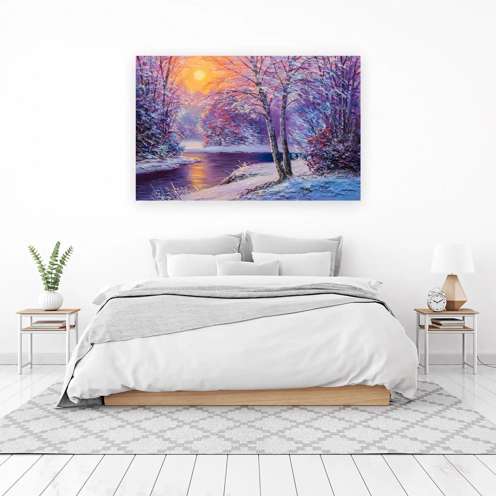 Winter Sunset River Birch Trees Wall Art