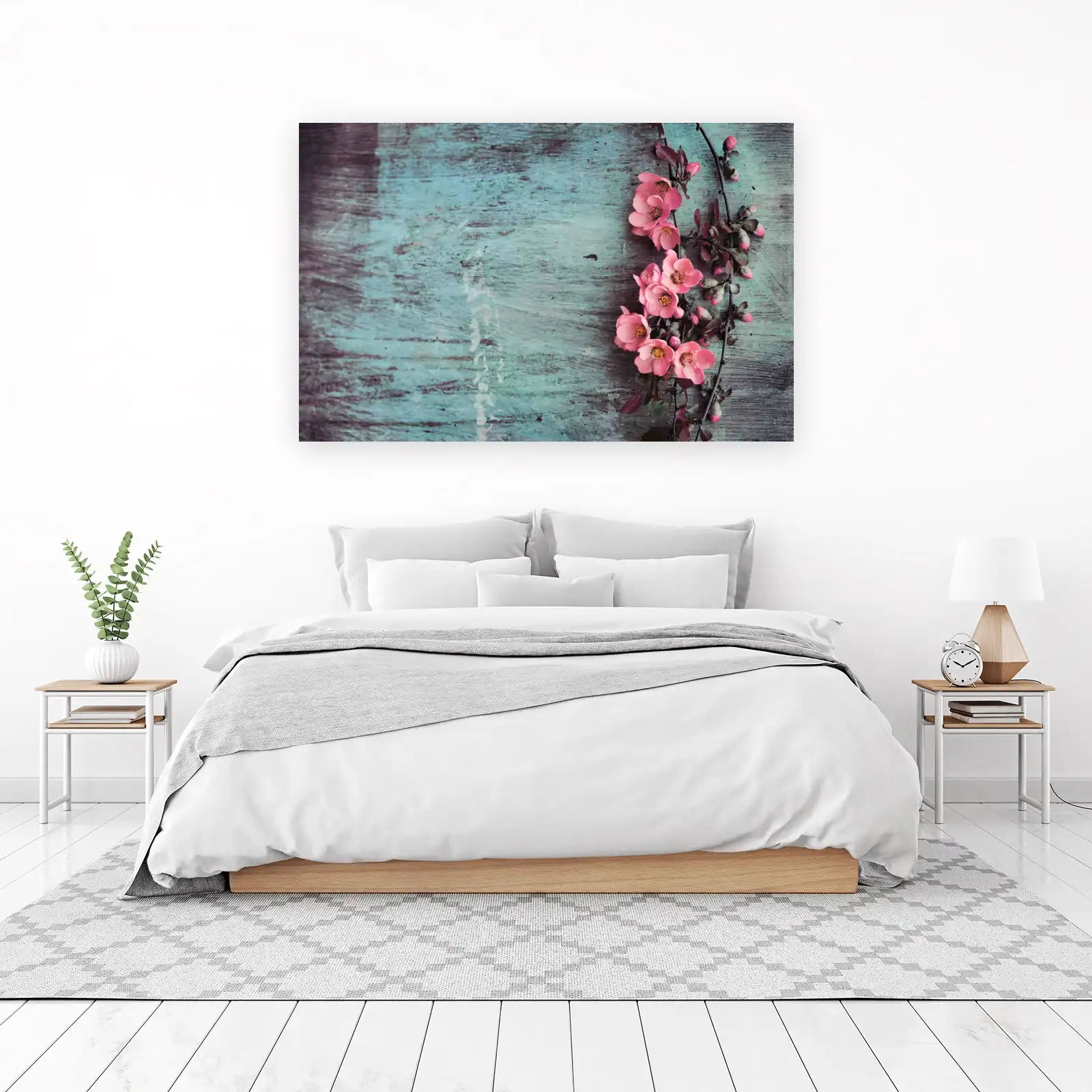 Vintage Pink Blossom Against Teal Wood Wall Art