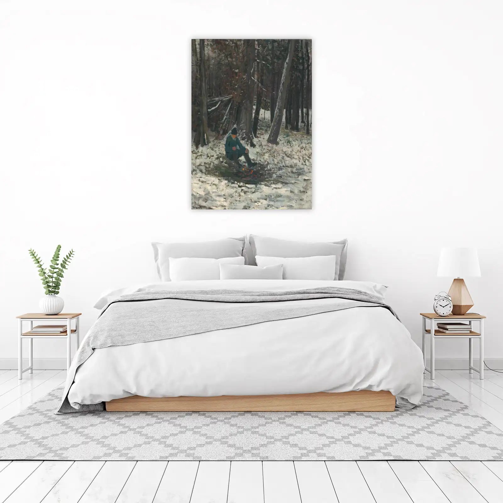 Winter Forest Scene Man by Fire Wall Art