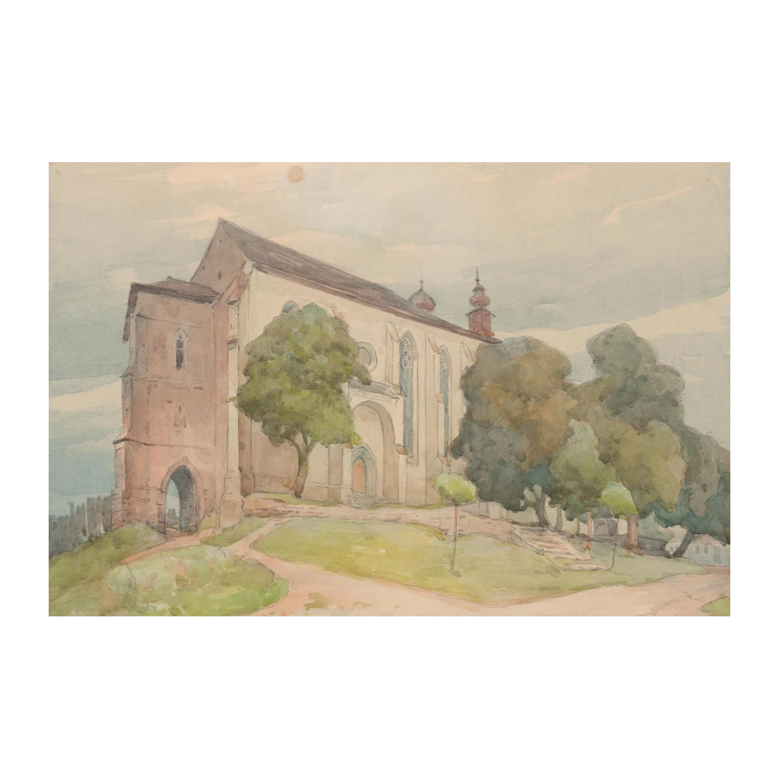 Vintage Church Landscape Watercolor Wall Art