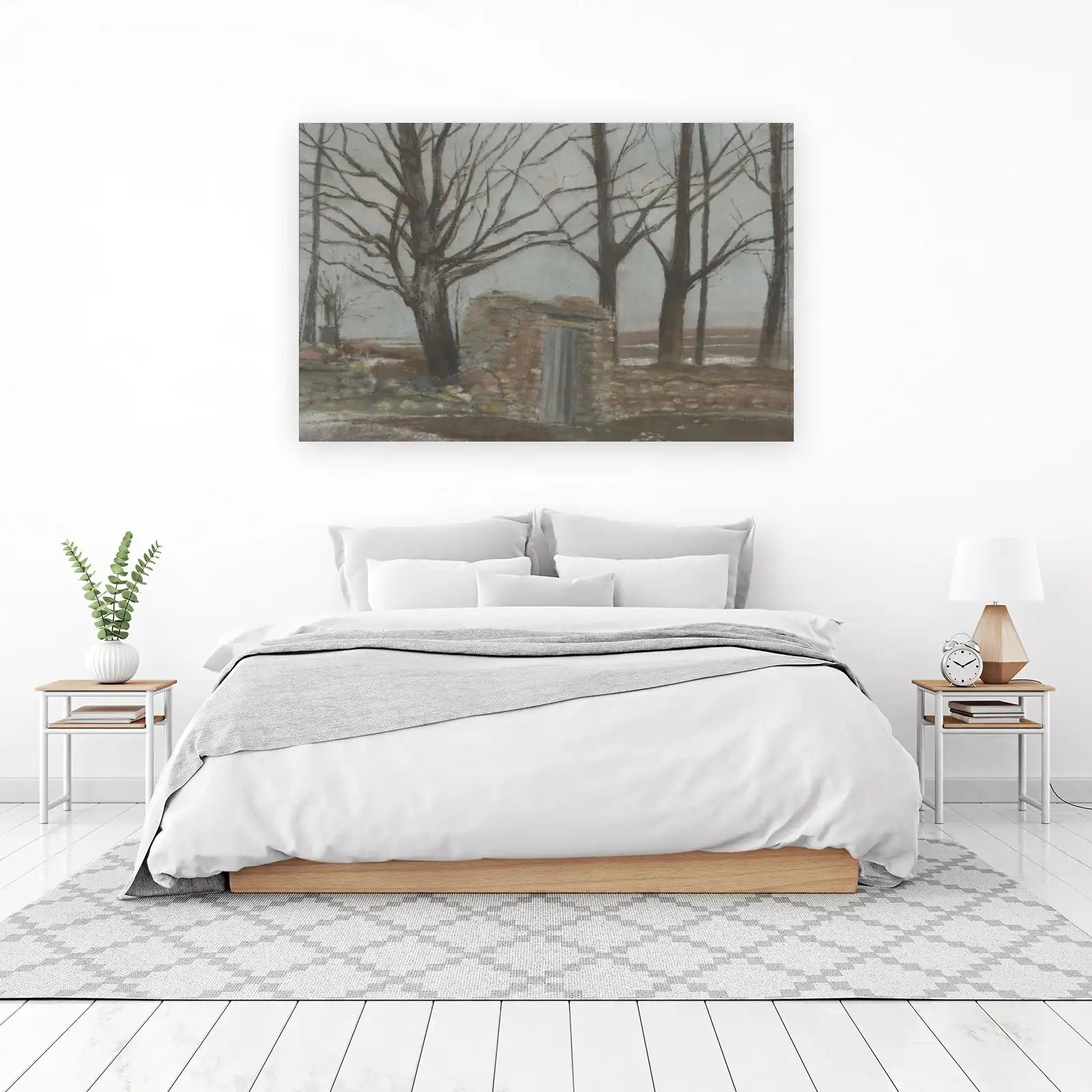 Rustic Stone Shed Bare Trees Wall Art