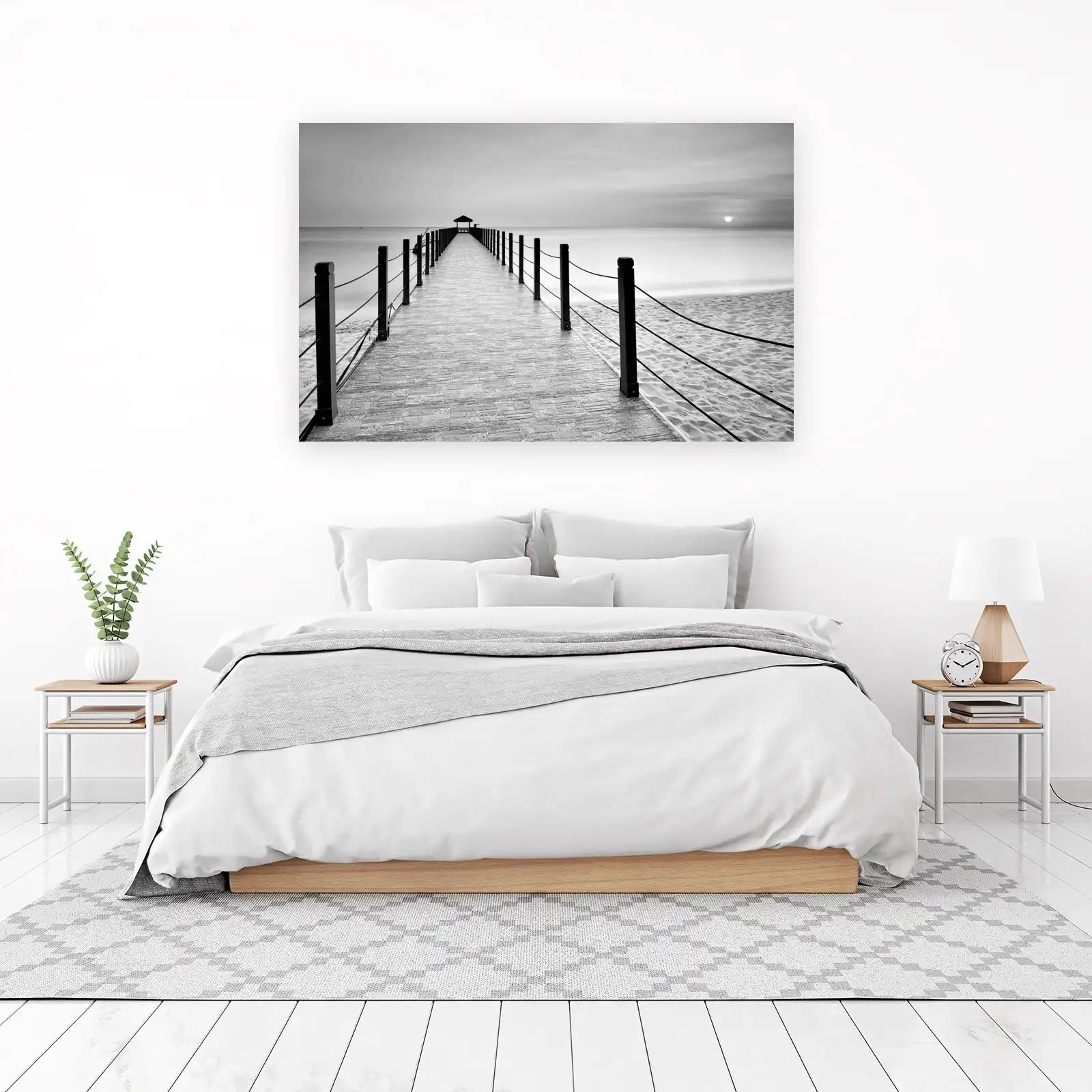 Serene Beach Pier Black and White Wall Art