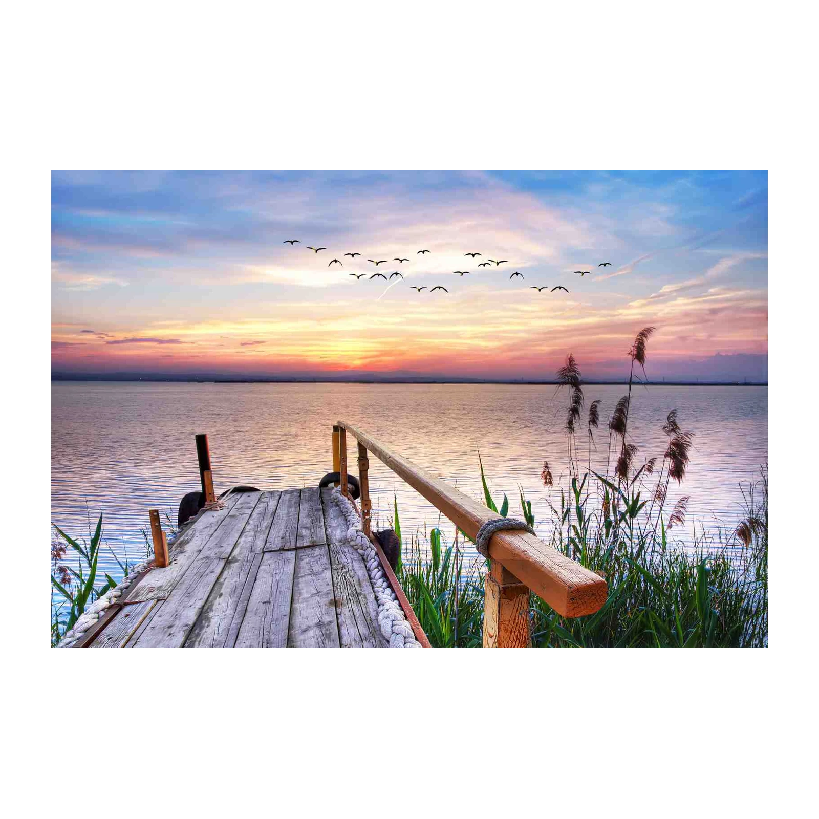 Serene Sunset Dock & Bird Flock Wall Art