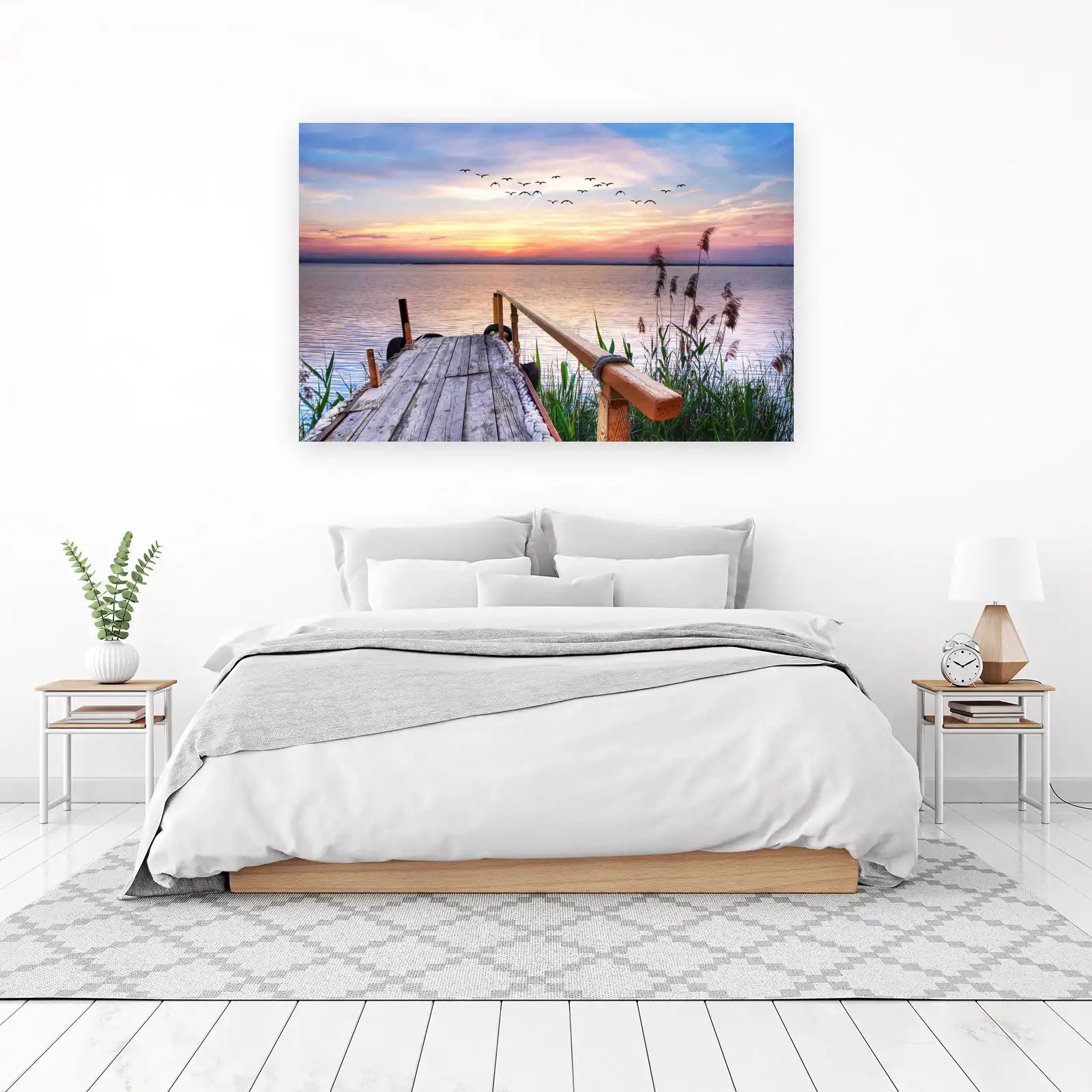 Serene Sunset Dock & Bird Flock Wall Art