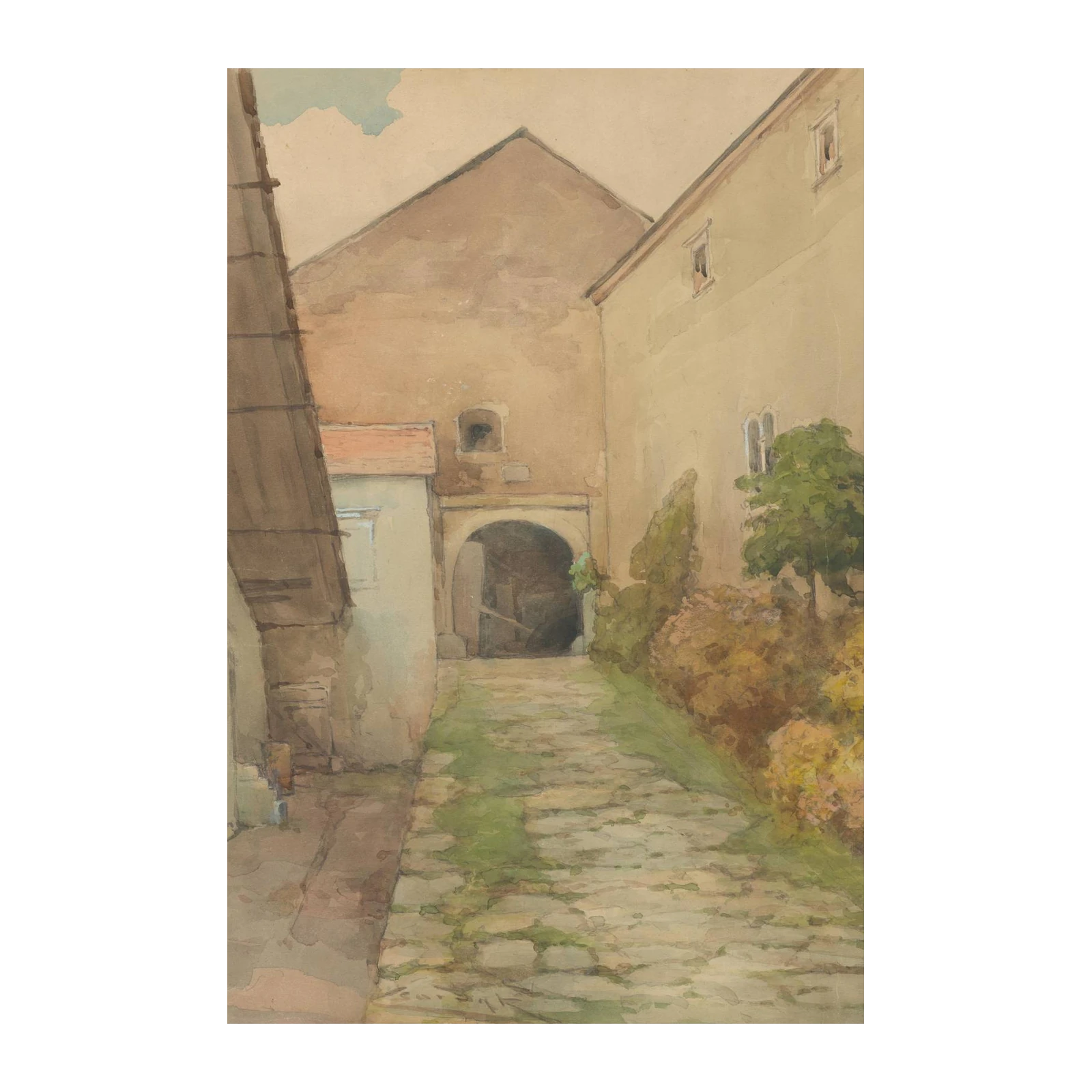 Historic Courtyard Serenity Watercolor Wall Art