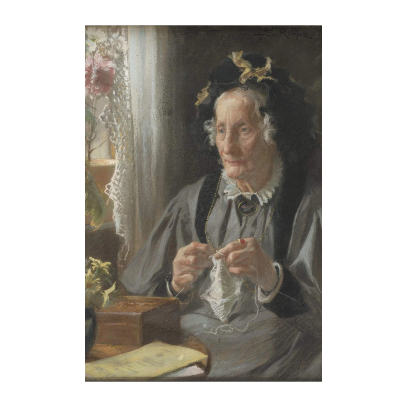 Grandmother Knitting Vintage Portrait Wall Art