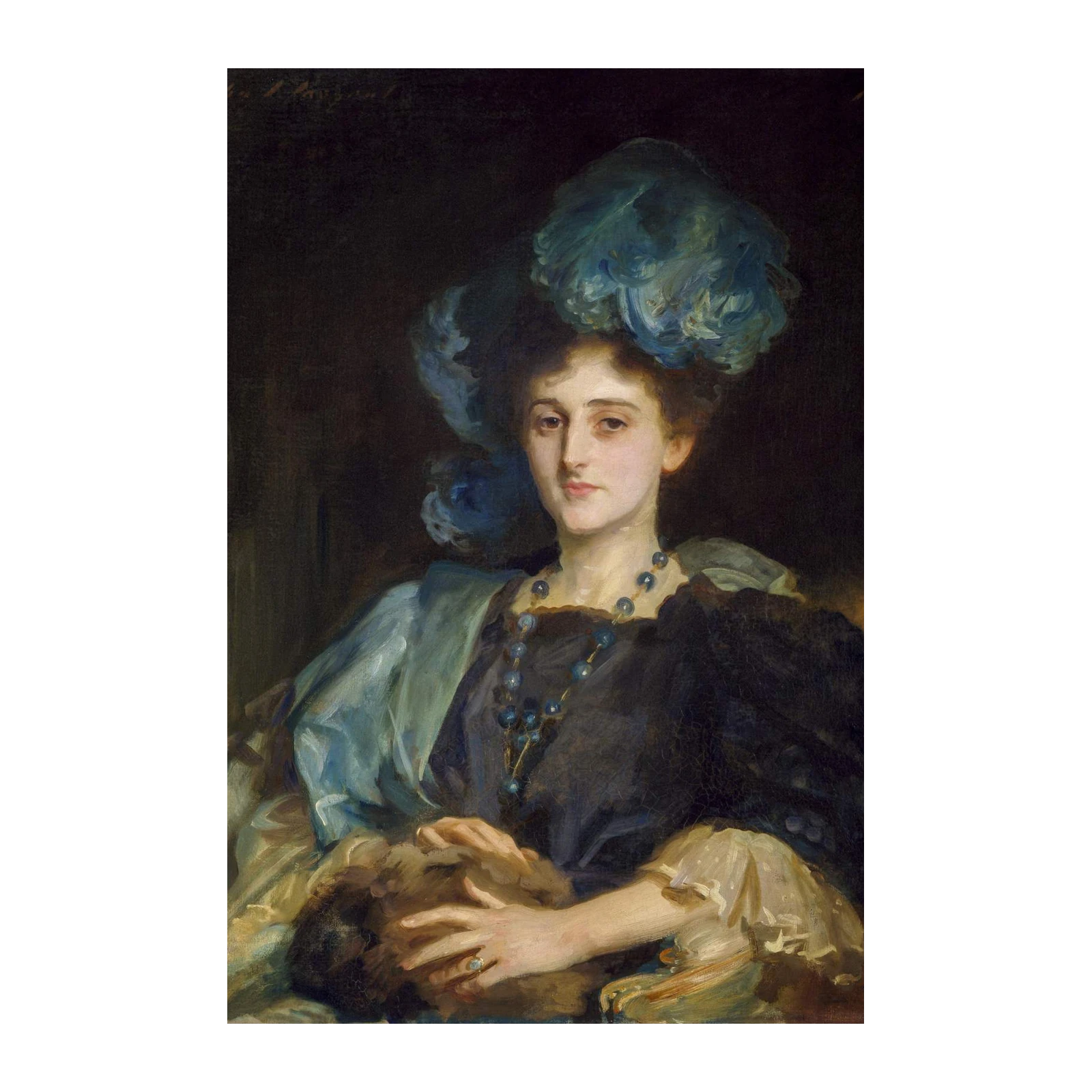 Elegant Woman Portrait Blue Feather Hat Wall Art