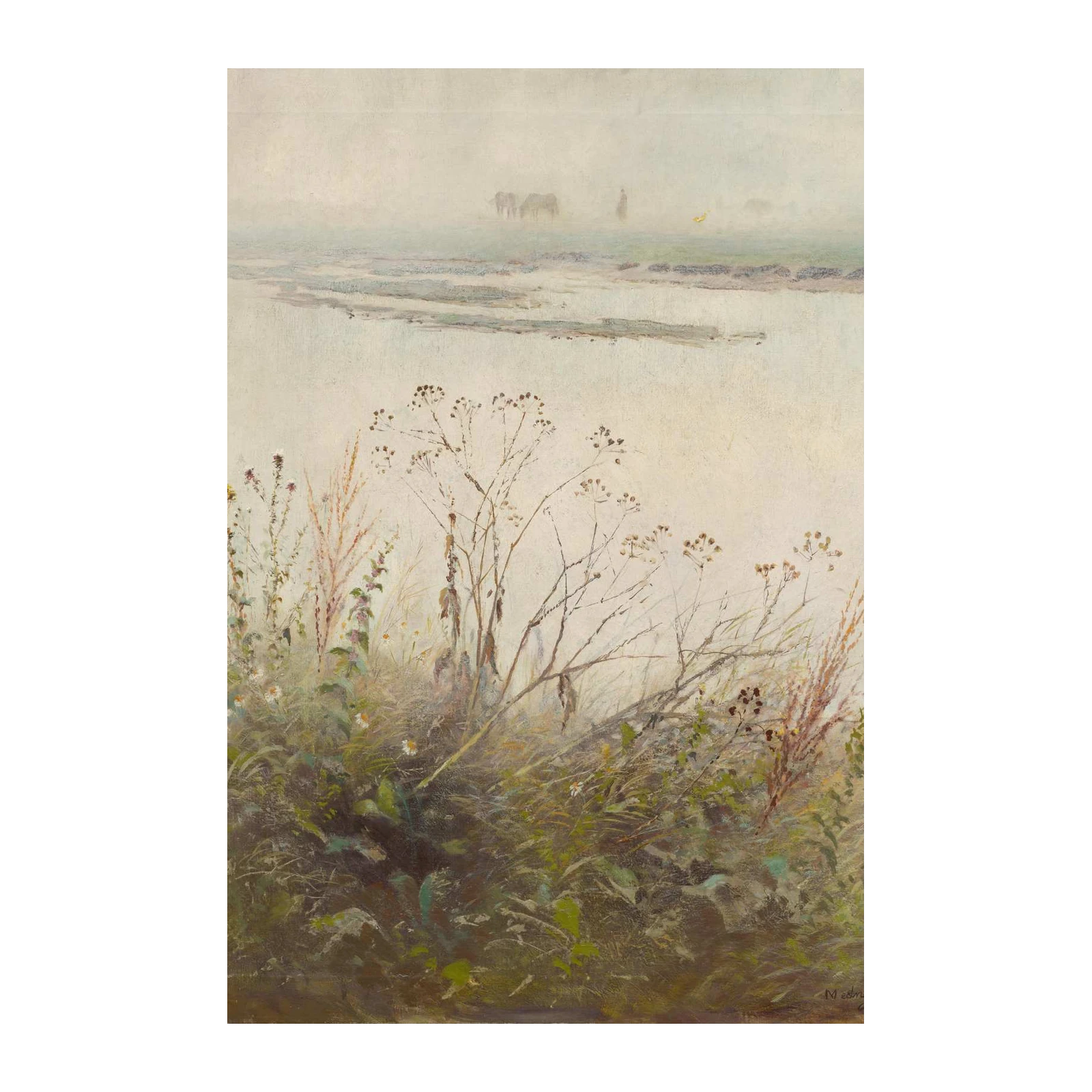 Misty Riverside Landscape with Horses Wall Art