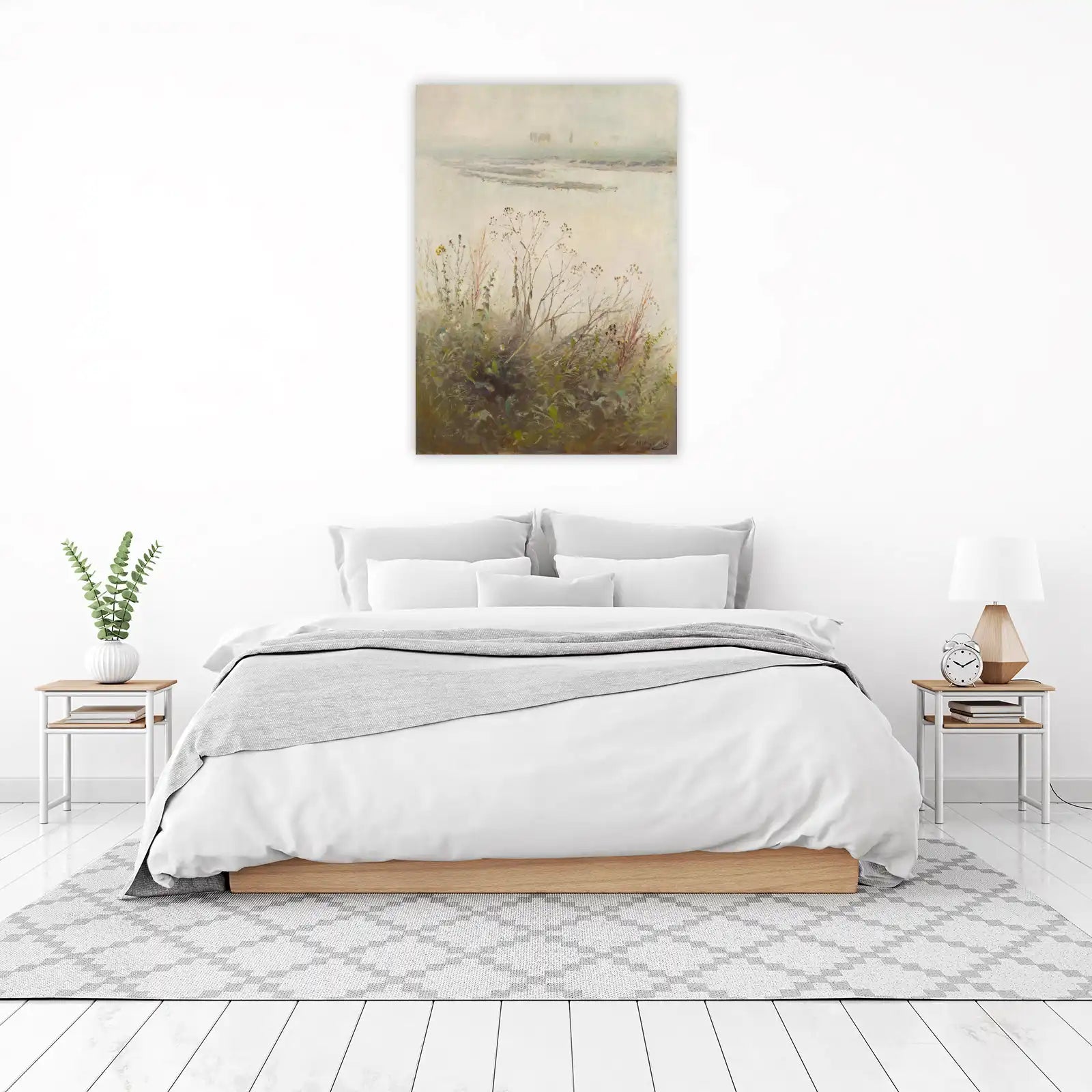 Misty Riverside Landscape with Horses Wall Art
