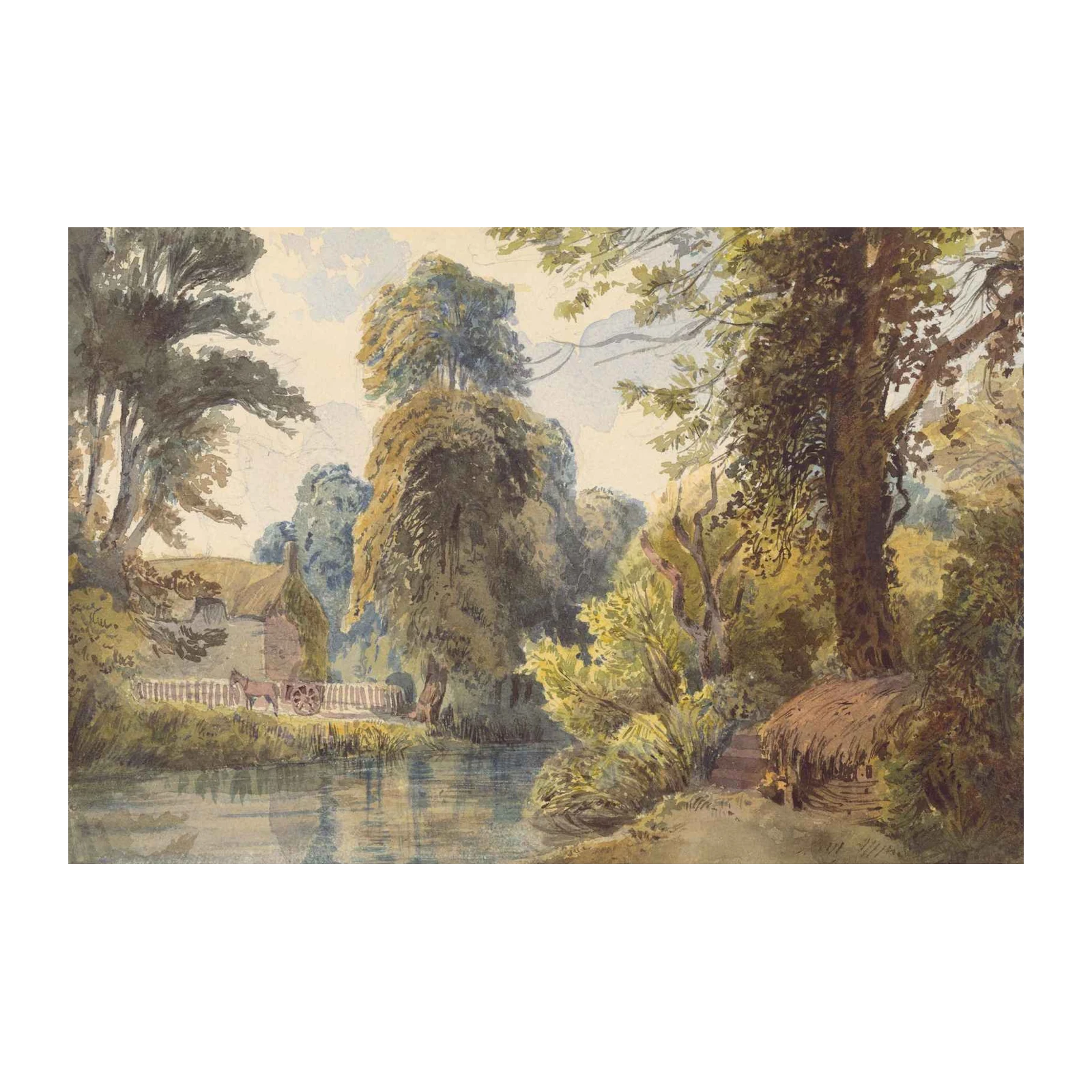 Peaceful Riverside Cottage Landscape Wall Art