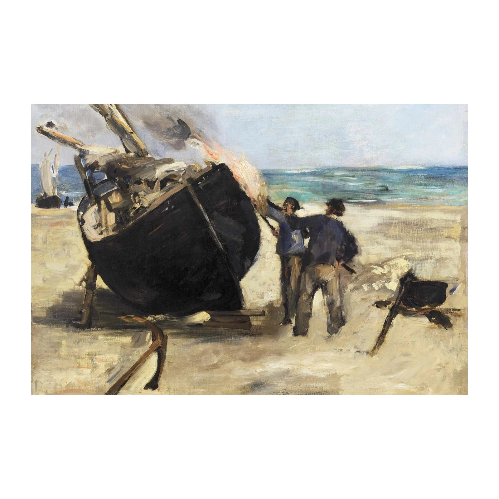 Seaside Boat Fire & Fishermen Wall Art